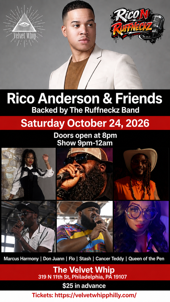 RICO ANDERSON & FRIENDS RETURNS! artwork from Velvet Whip Arts & Social Club