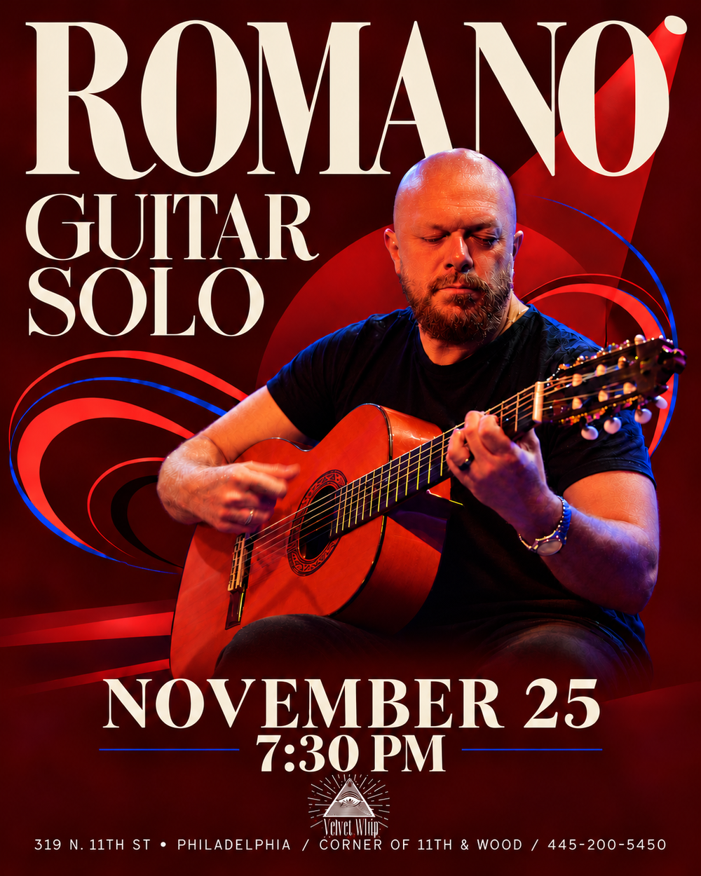 Internationally touring guitarist and composer Hernan Romero artwork from Velvet Whip Arts & Social Club