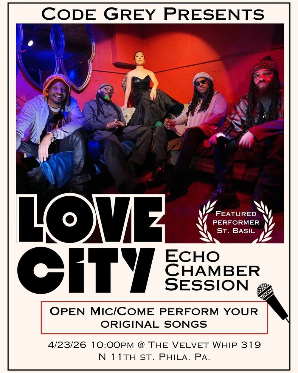 CODE GREY PRESENTS: LOVE CITY: Echo chamber Sessions artwork from Velvet Whip Arts & Social Club