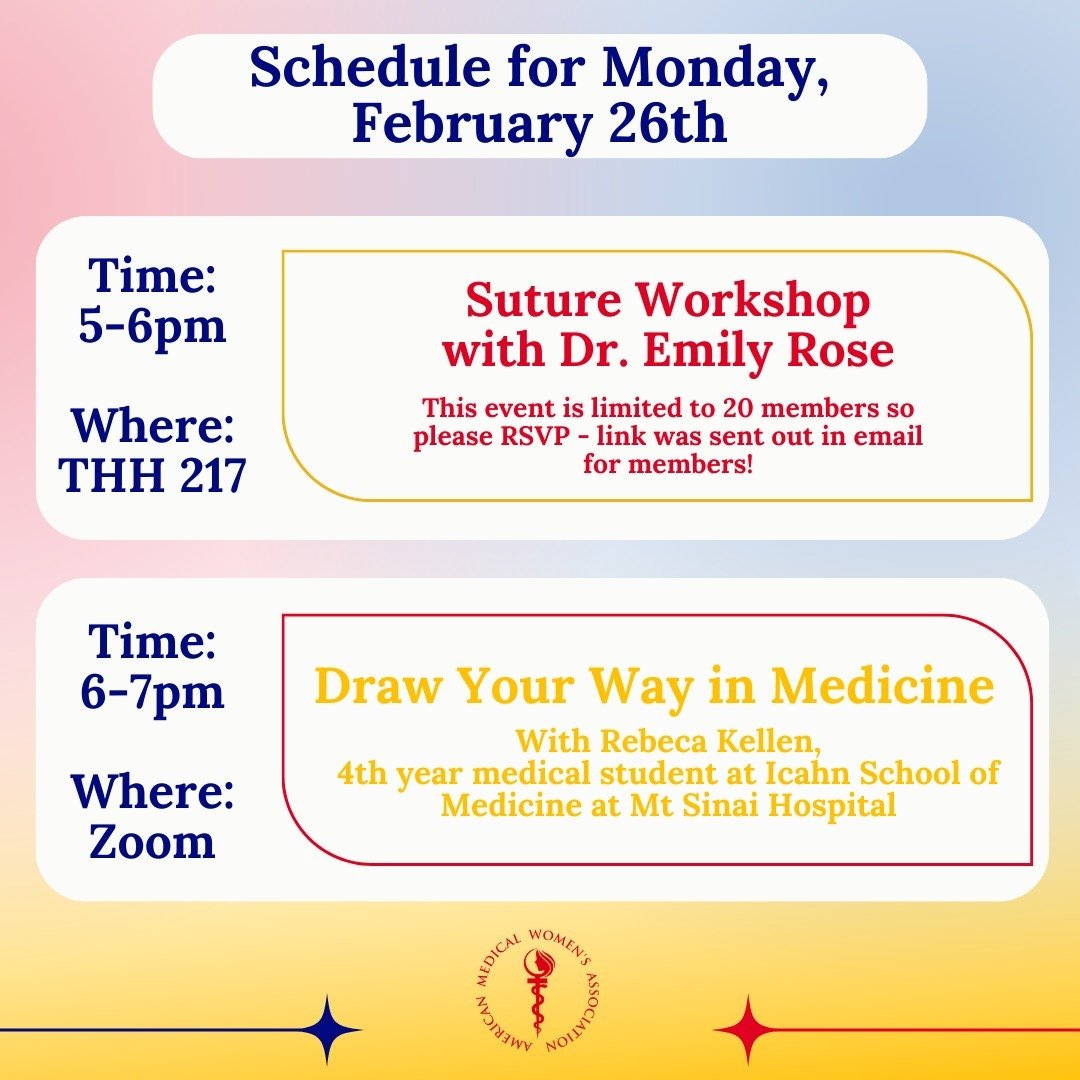 Hello USC AMWA members!
Tomorrow, Monday February 26th, we have two events for you! You are able to attend both events if you would like.

From 5-6pm, we will be having an in-person suturing workshop with Dr. Emily Rose! If you have yet to do it, ple