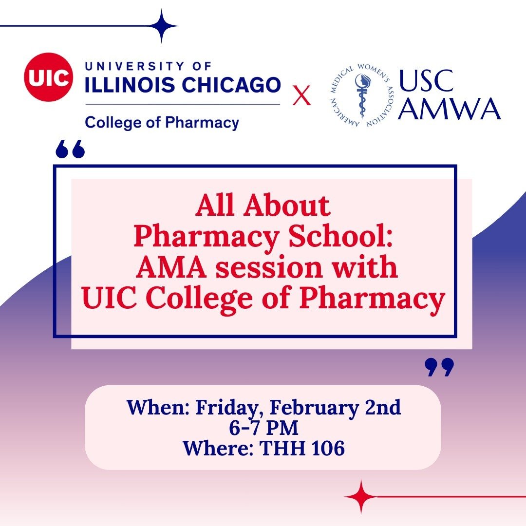 ✨ This is an in-person event! ✨

Join us this Friday as we speak to a representative from the University of Illinois at Chicago - College of Pharmacy. She will be doing an information session about pharmacy school with a chance for an Ask-Me-Anything