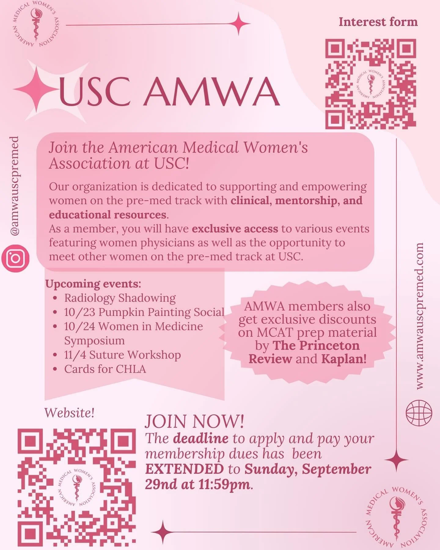 Attention‼️We have EXTENDED our application deadline to Sunday, 9/29 at 11:59pm! Make sure to apply and pay your dues by clicking on the USC AMWA website link in our bio!💖