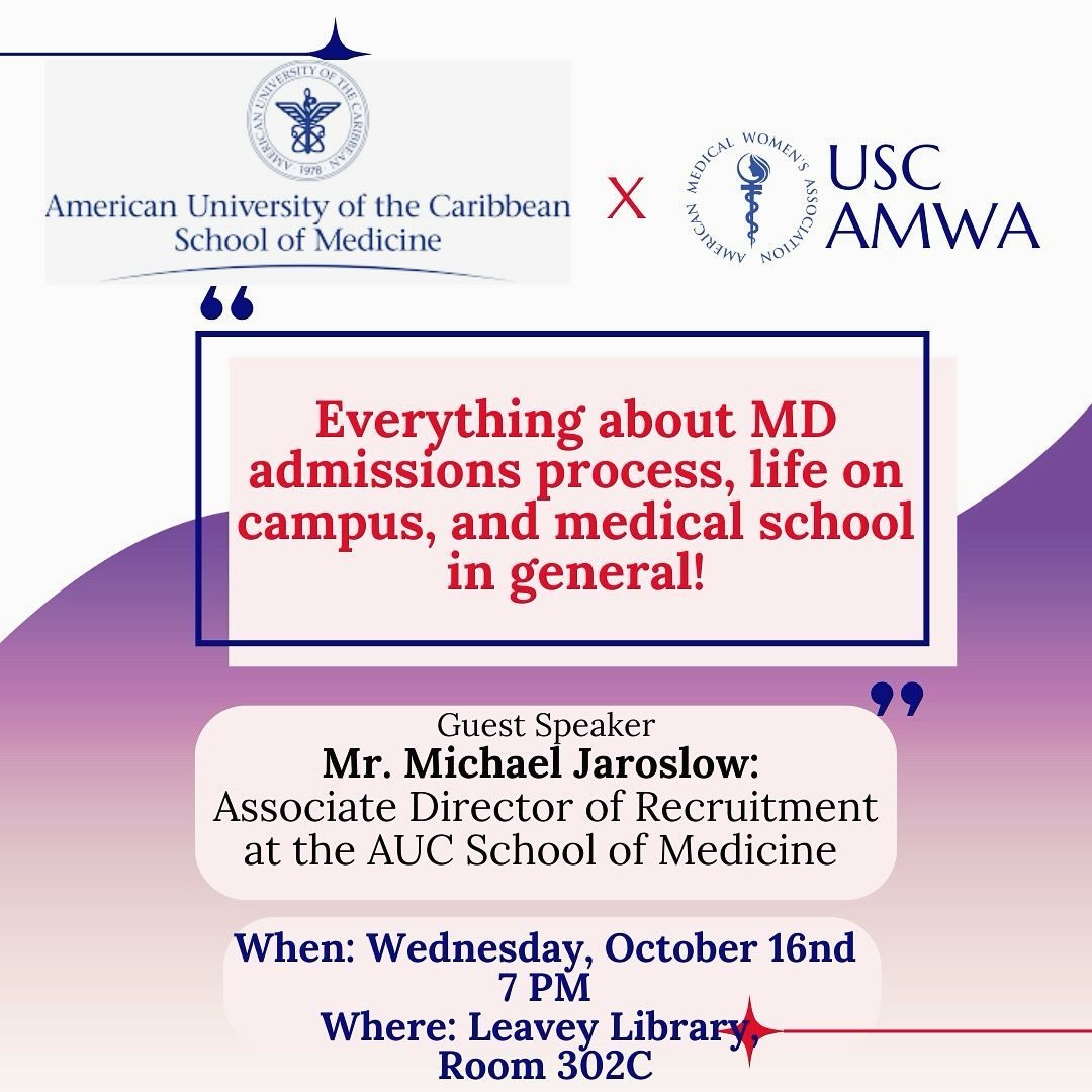 A special guest for our AMWA members is coming up! Come out this week to meet the medical school director of recruitment at AUC School of Medicine, who is excited to share AUC&rsquo;s 98% Residency attainment rate and answer all the questions you hav