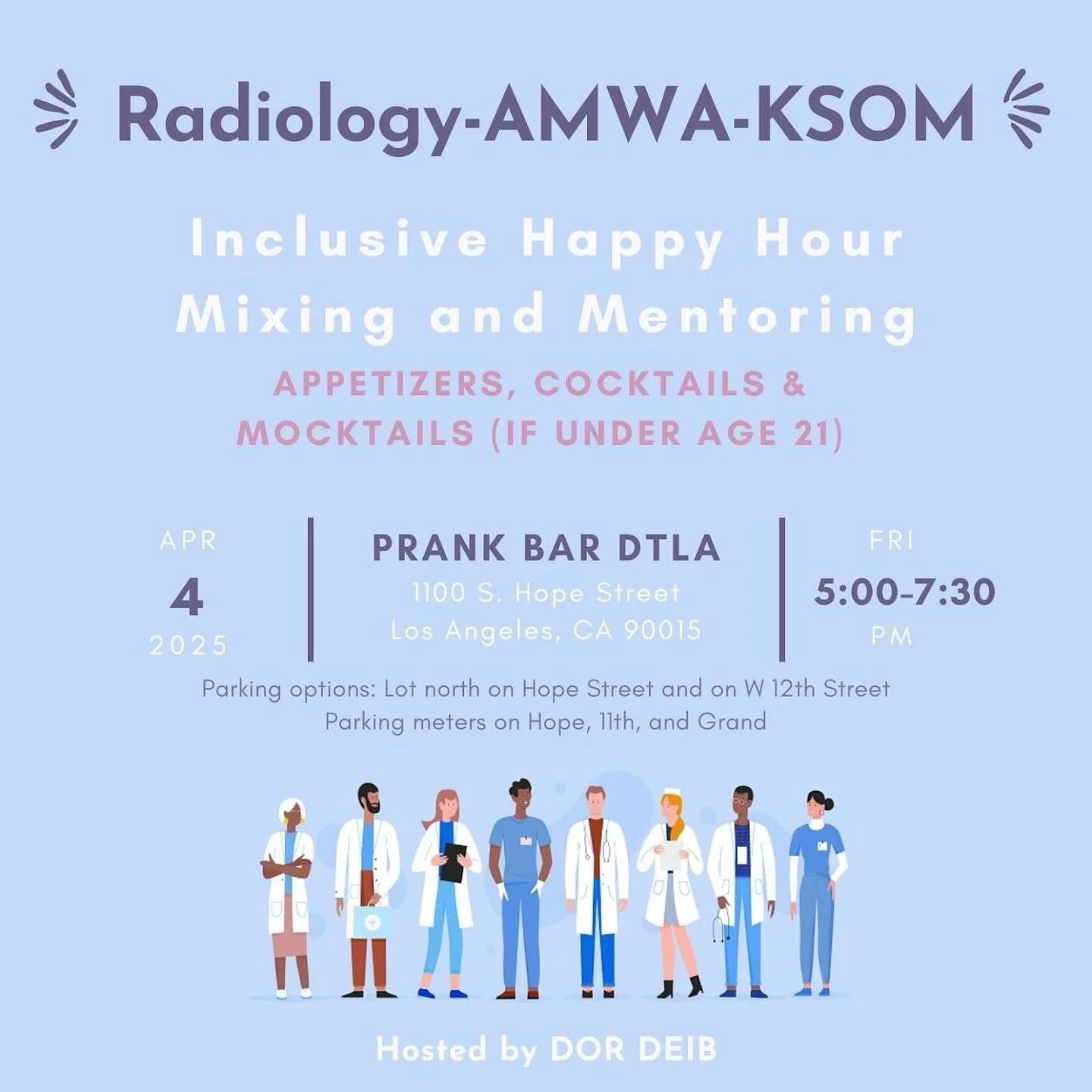 AMWA x Keck Radiology Social 🌟
Join us for a night of networking with Keck Radiology faculty, residents, medical students &amp; AMWA members! RSVP link was sent to active members!
📍 Prank Bar, Downtown LA
📆 Friday, April 4 | 🕔 5:00 PM
🎟 Wristban
