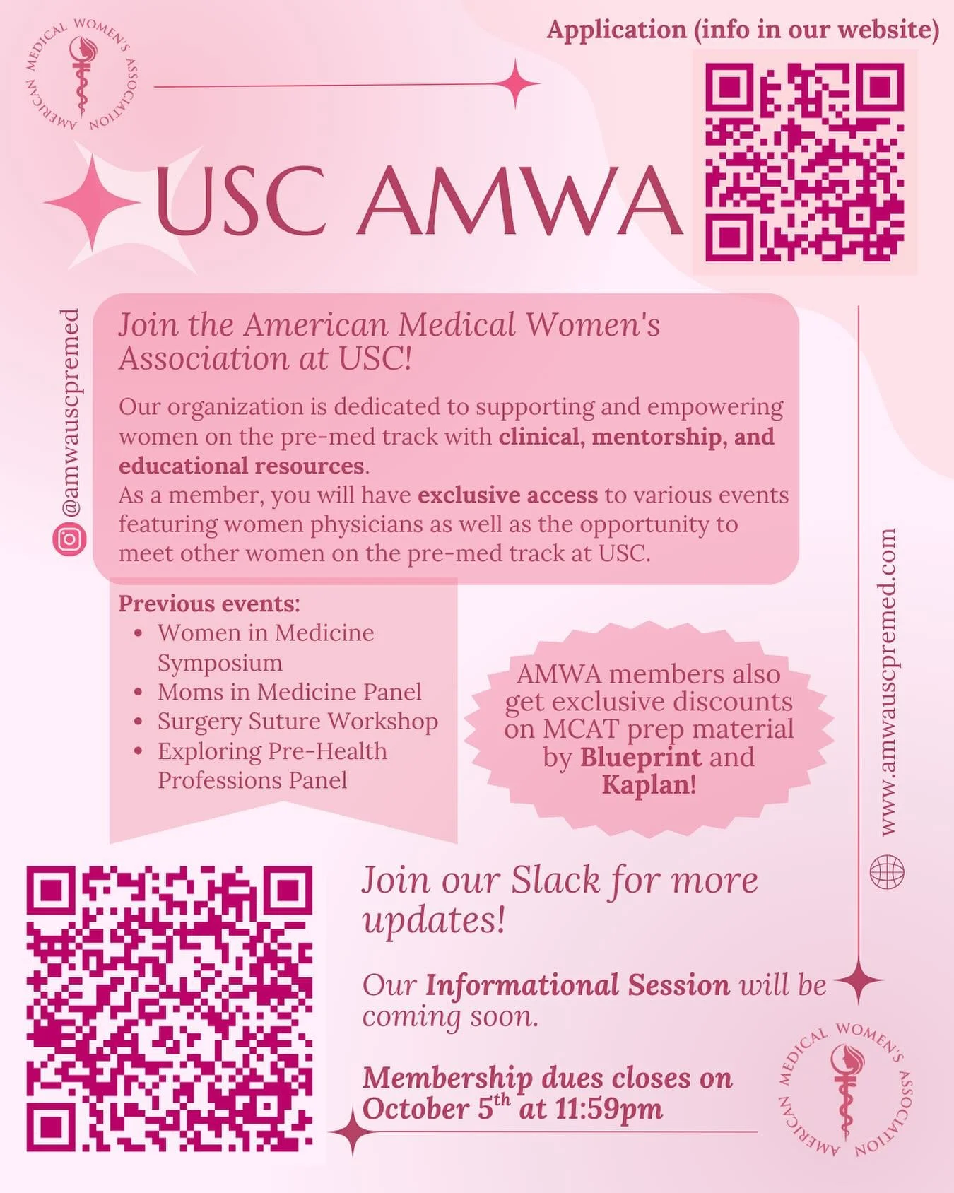 Our USC AMWA membership applications are officially OPEN 💌💖 

Whether you&rsquo;re pre-med, exploring healthcare, or just want to join a supportive sisterhood of ambitious women, this is your sign to apply! 🌟👩&zwj;⚕️

💗 Exclusive events
💗 Mento
