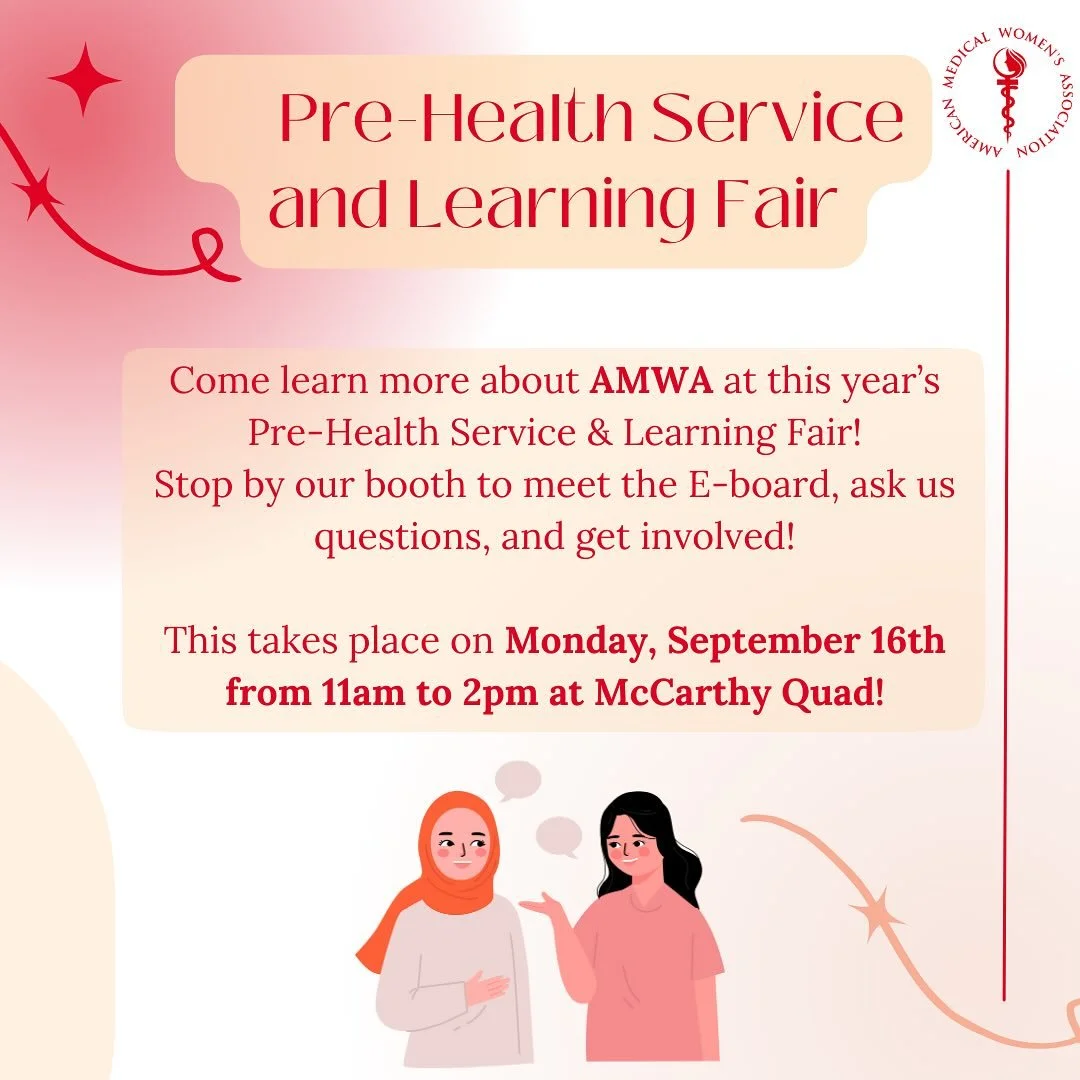 Come say hi to AMWA at the Pre-Health Service &amp; Learning Fair! ✨

Learn all about our mission, upcoming events, and how you can get involved. Plus, you&rsquo;ll have the chance to meet our E-board and ask us anything!

📅 Monday, September 16th
?