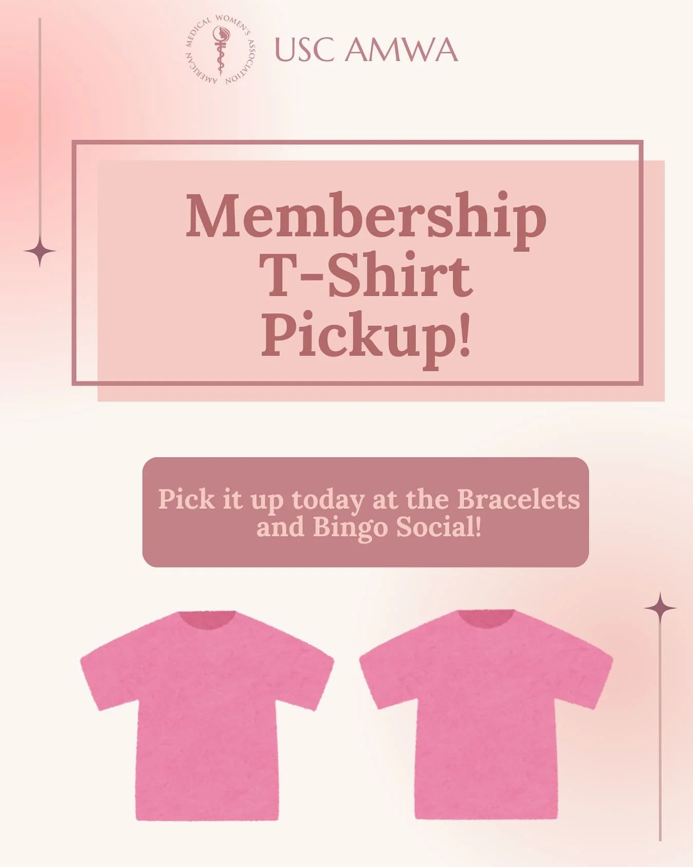 Pick up your shirt after paying the AMWA dues today at our Bracelets &amp; Bingo Social. 💖

📅 Date: Wednesday, September 17th
⏰ Time: 7&ndash;8 PM
📍 Location: Great Lawn @ USC Village

We can&rsquo;t wait to see you there with your new AMWA tee! 
