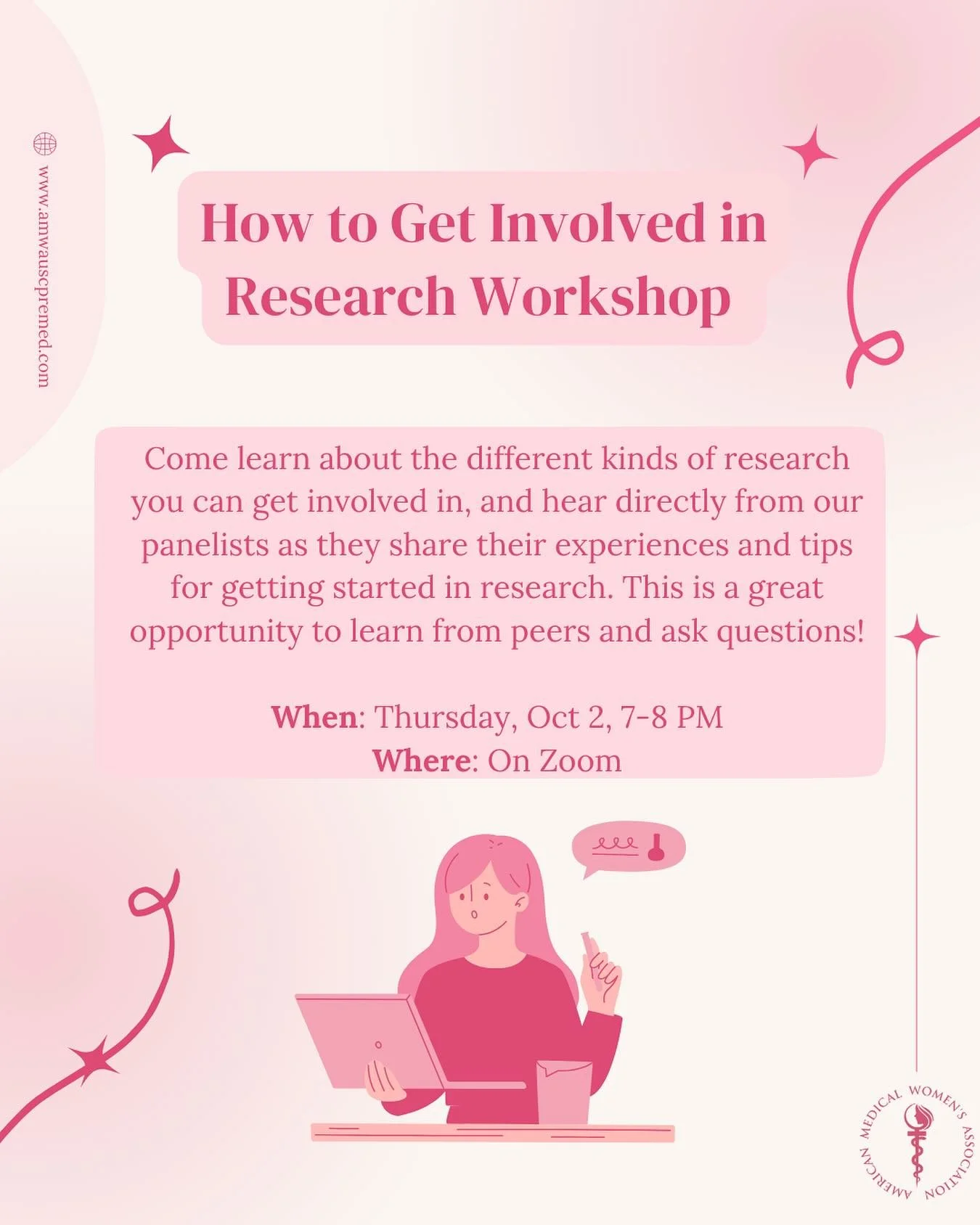 Our How to Get Involved in Research Workshop is happening TONIGHT, Thursday, Oct 2 from 7&ndash;8 PM on Zoom! 

Come learn all about different research opportunities and hear from our amazing panelists 👩&zwj;🔬🌟 This is your chance to get tips, ask