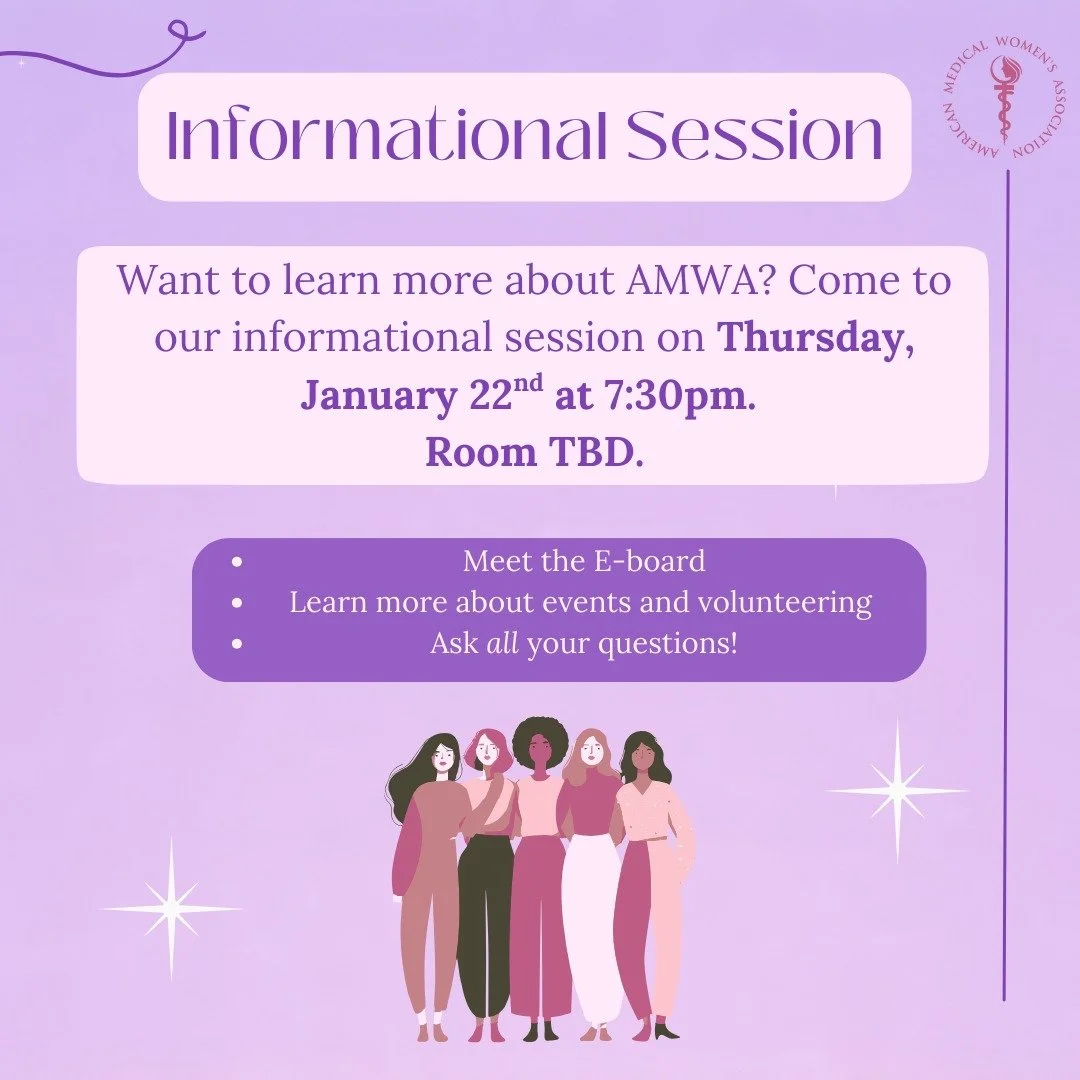 Curious about AMWA and what we do?
Join us for our Informational Session to learn about our mission, upcoming events, and volunteer opportunities!

📅 Thursday, January 22nd
⏰ 7:30 PM
📍 Room TBD

Come meet the E-board, ask questions, and see how you