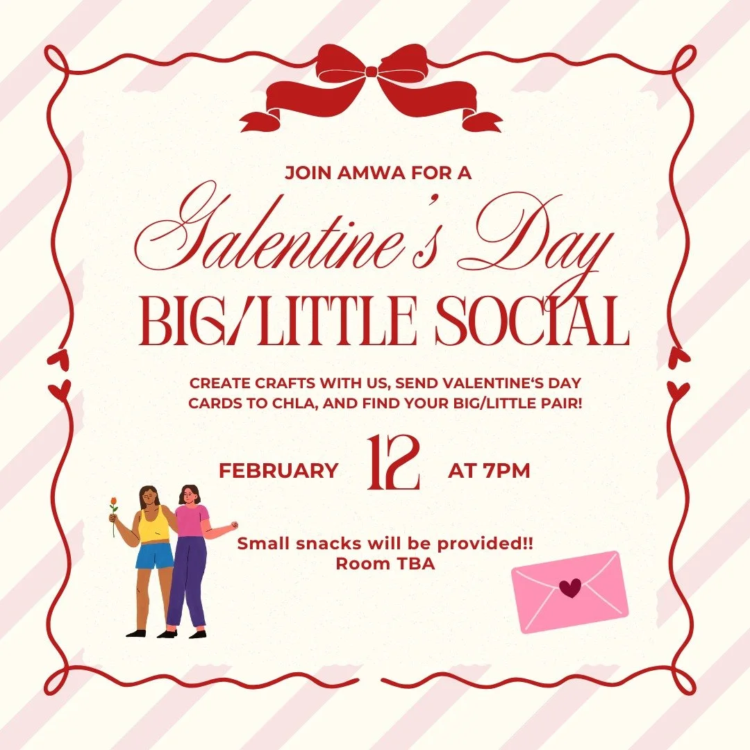Join AMWA Thursday 2/12 at 7 PM for a cozy Galentine&rsquo;s night filled with crafts, treats, and good vibes 💕

This social is where Big/Little pairs will be officially revealed, but don&rsquo;t worry, the event is for everyone, Bigs, Littles, and 