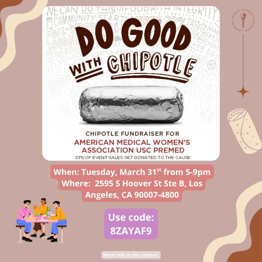 Come support AMWA by grabbing Chipotle anytime from 5&ndash;9 PM tomorrow, March 31st!

Where? The Chipotle on 2595 S Hoover St Ste B.

HOW TO SUPPORT:

Ordering online?
&bull; Use code: 8ZAYAF9
&bull; Select pickup only (delivery does NOT count)
&bu