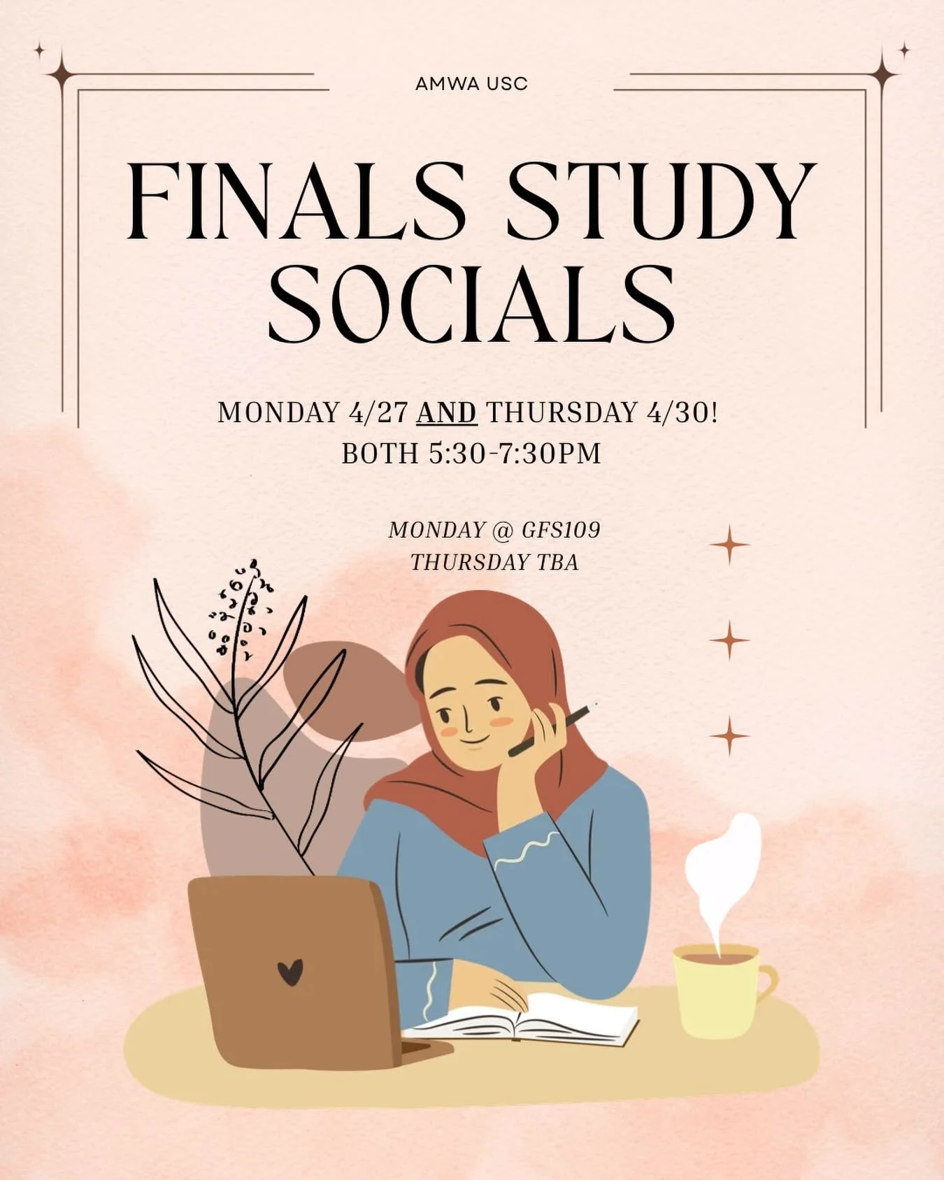 Lock in with AMWA before finals 💻 

Join us for two study socials on 4/27 and 4/30 from 5:30&ndash;7:30 PM. Come study with friends, de-stress, and enjoy small snacks on us ✨

‼️ Reminder to our members: Reposting this post for 24 hours is worth 0.5