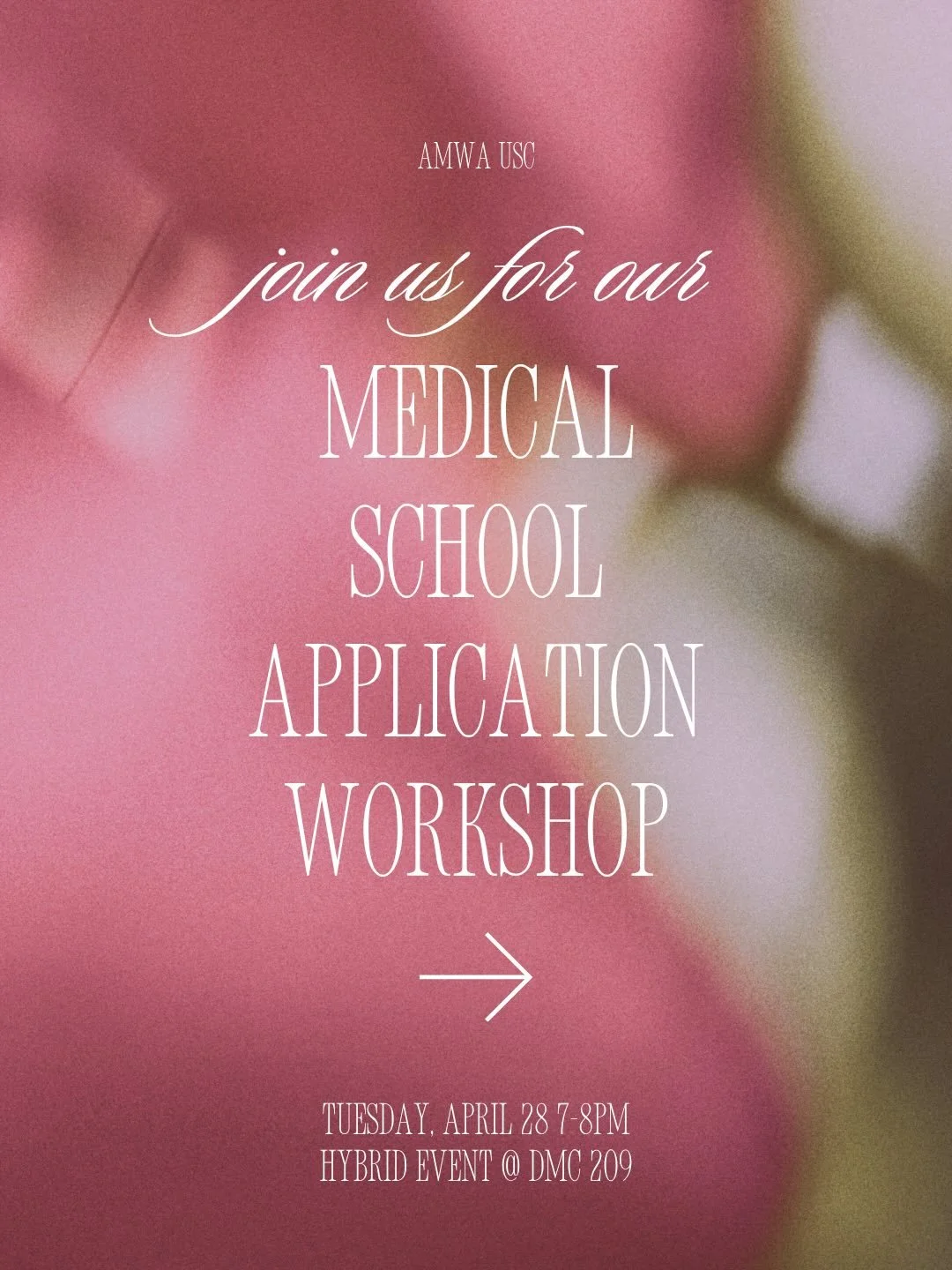 Thinking about med school applications and not sure where to start? Join us April 28, 7&ndash;8 PM in DMC 209 (hybrid) for a Medical School Application Workshop with AMWA USC and special guest Sophia Hai, AMWA alum and incoming University of Miami me