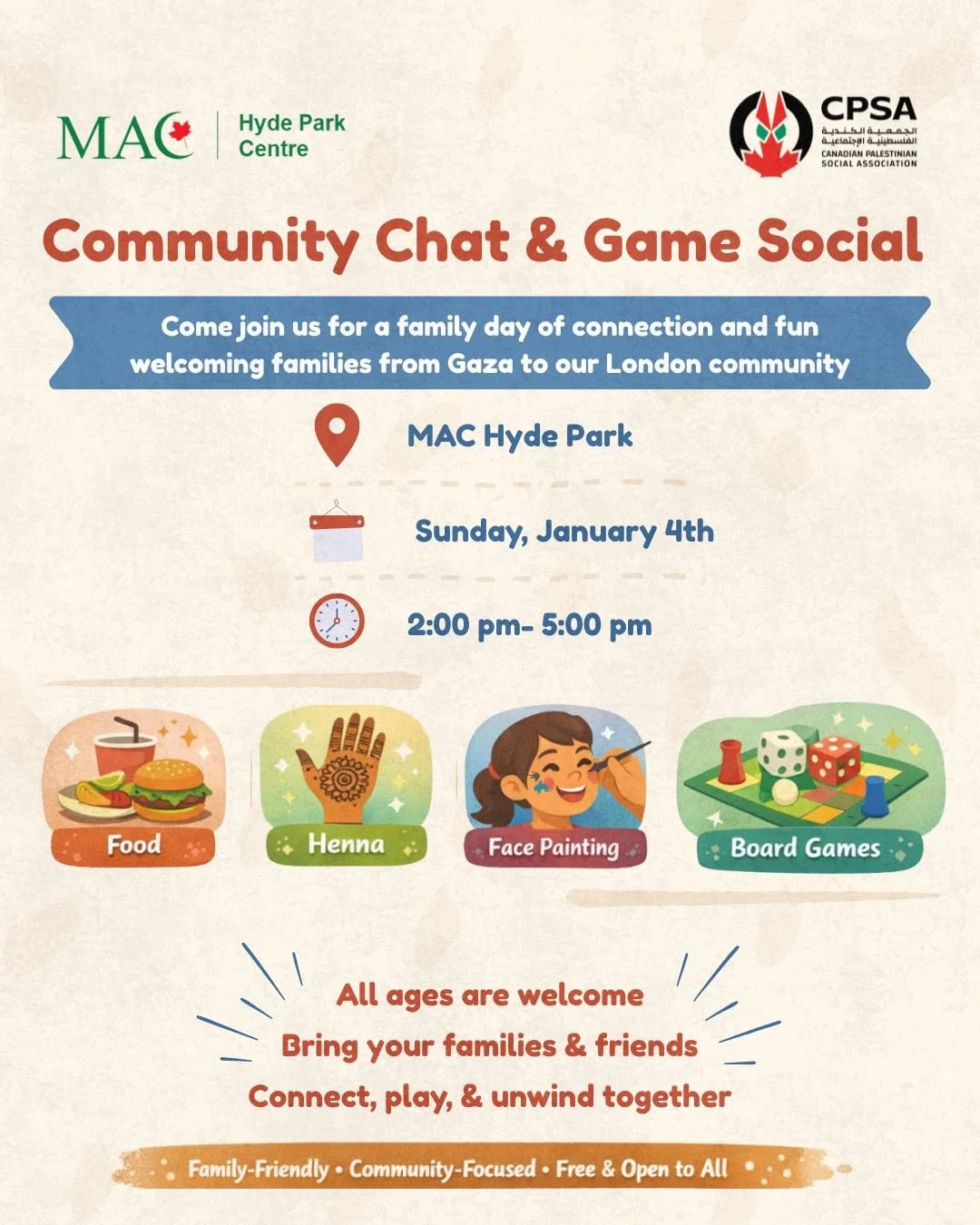 CPSA & MAC Hyde Park are pleased and honoured to welcome you to a Community Chat & Game Social 