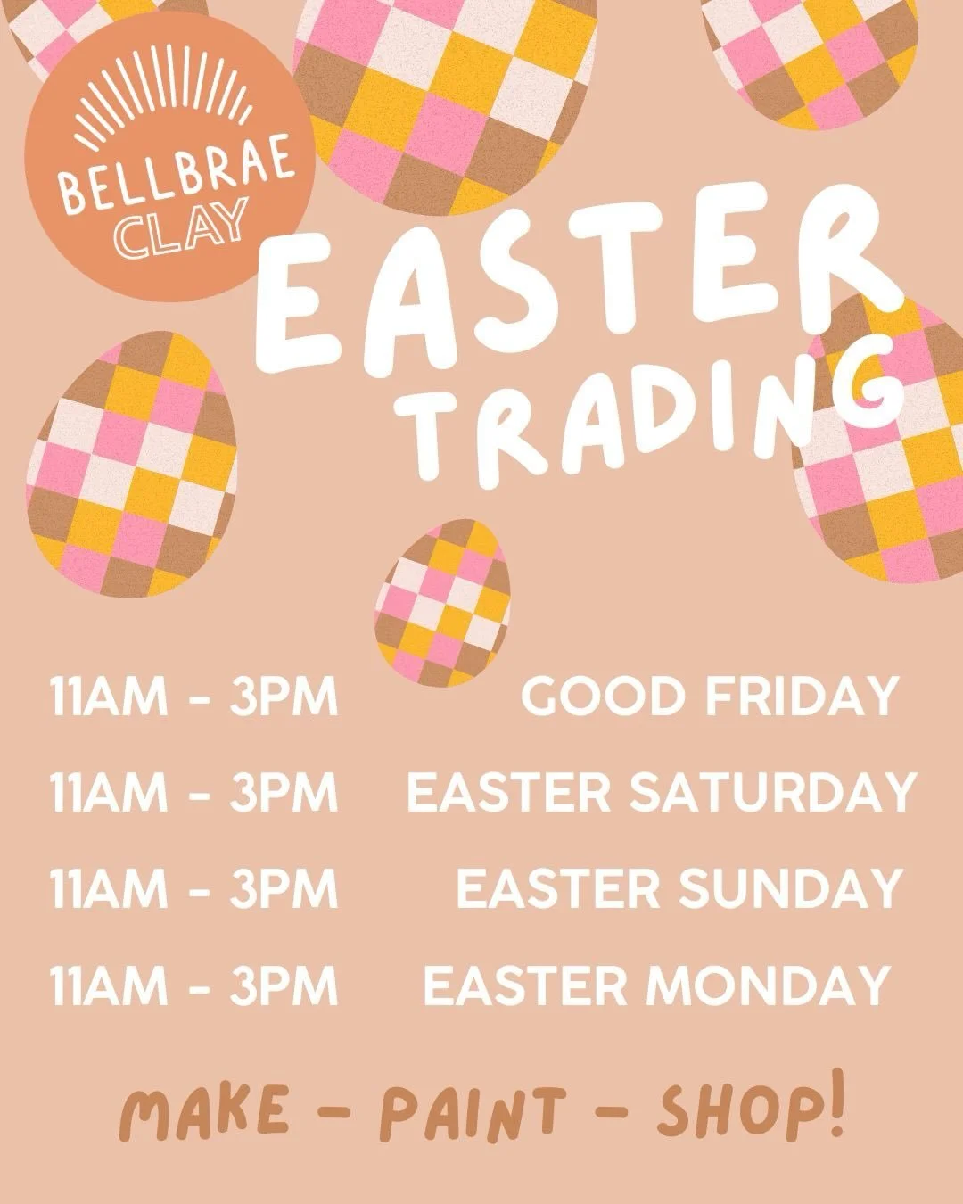 Bellbrae Clay is open all Easter long weekend! 
Come and visit, play, make or all of the above! 
See you there! xox