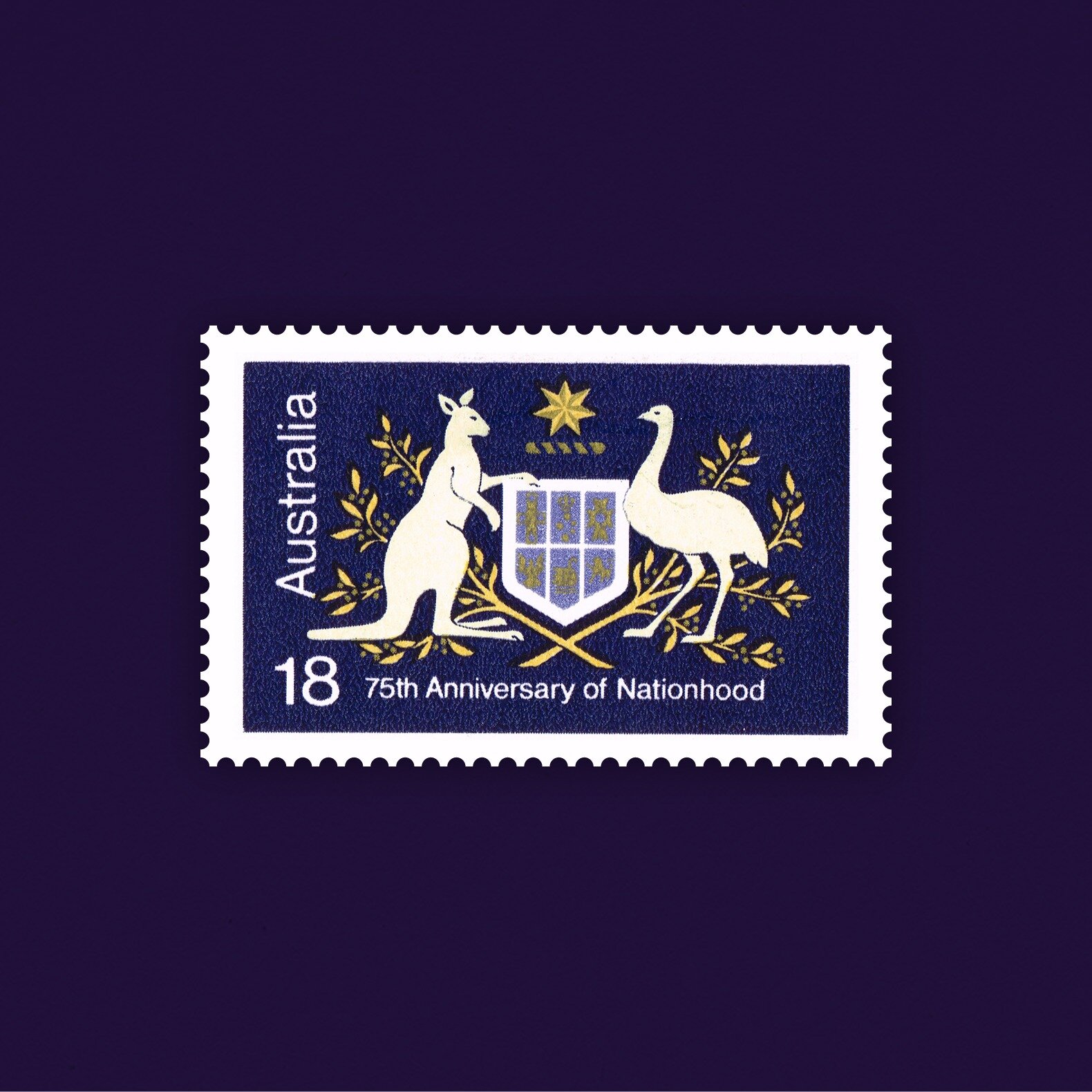 1976 75th Anniversary of Nationhood 

An 18c stamp, featuring the Australian Coat of Arms.

Technical Details

Stamp design: John Spatchurst

Denomination: 18c

Stamp size: 24.15 mm x 37.5 mm

Printer: RBA

Printing process: Photogravure 

Paper: Unw