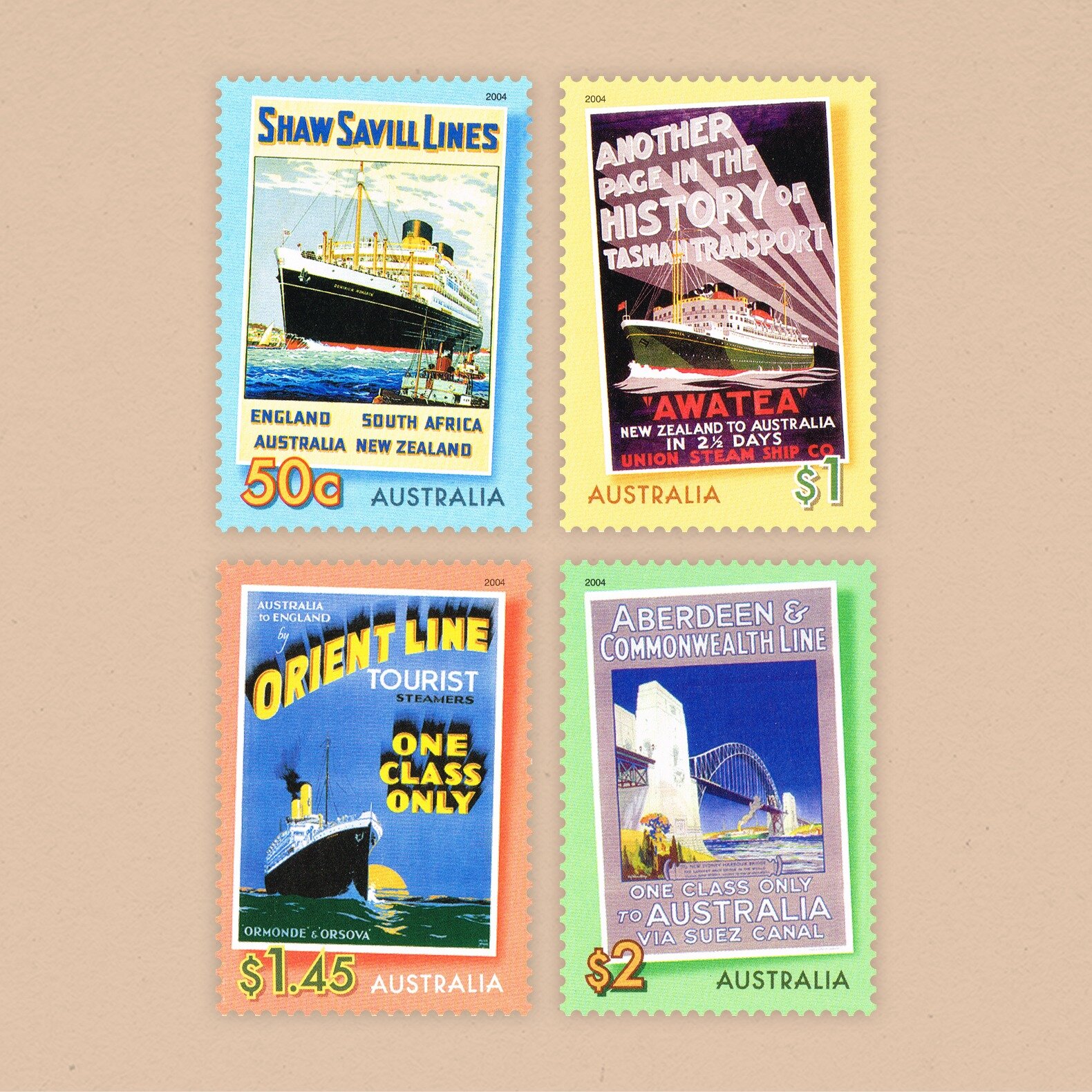 2004 Bon Voyage

The early half of the 20th century was the golden age of Maritime travel, and these stamps showcase the fabulous travel advertisements produced at the time. They evoke a new world of elegant travel, romance, and excitement aboard a f