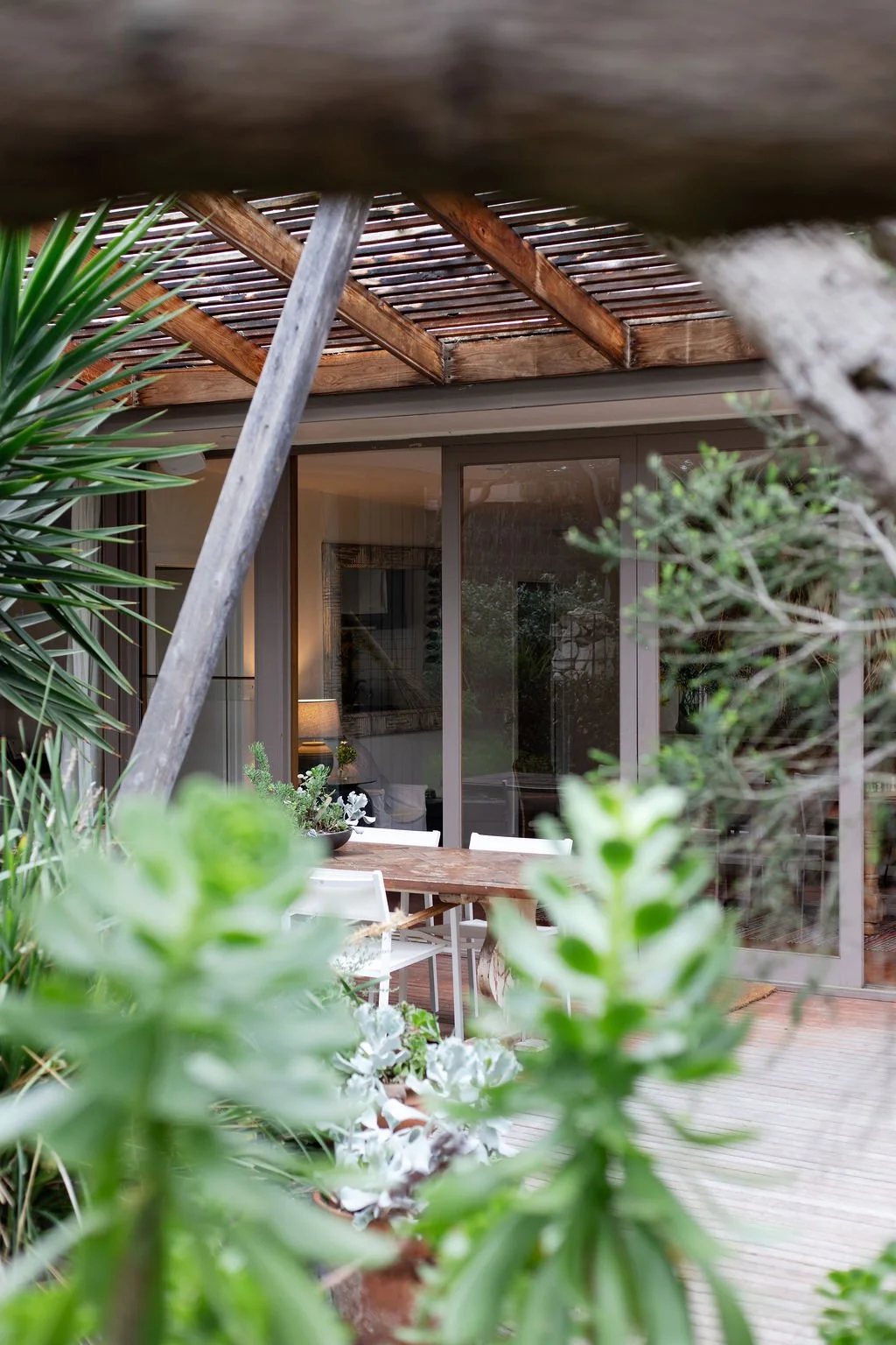 View through plants of an outdoor patio with a wooden table, white chairs, and sliding glass doors leading to the interior of a house. There are green plants in the foreground, and the house interior is softly lit.