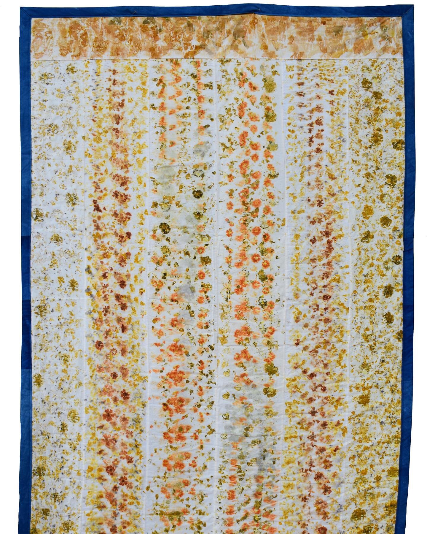 This was the first quilt and the first eco-printed project I made in college. I couldn&rsquo;t fit the entire quilt but I will be sharing details later on. Each section of fabric was dyed with flowers. The top section was dyed with yellow and red oni