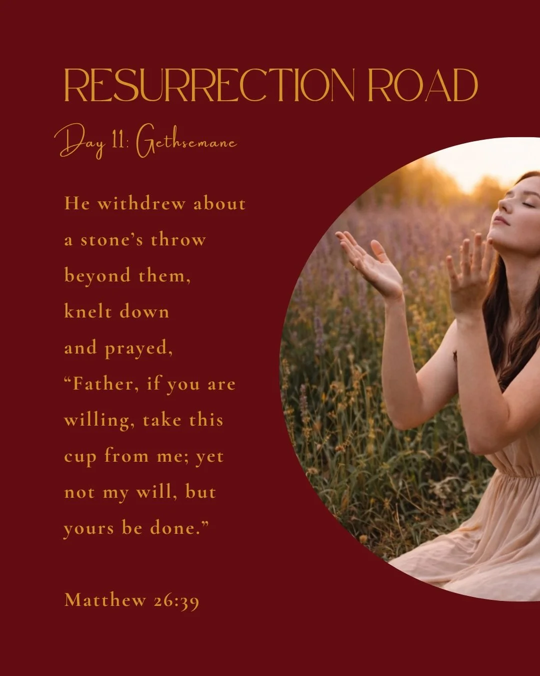 Day 11 Gethsemene

In Gethsemane, we see the weight of surrender.

Jesus didn&rsquo;t run from what was ahead, 
He went into the secret place of prayer and knelt.

&ldquo;Not my will, but Yours be done.&rdquo;

In the place called the oil press,
He w