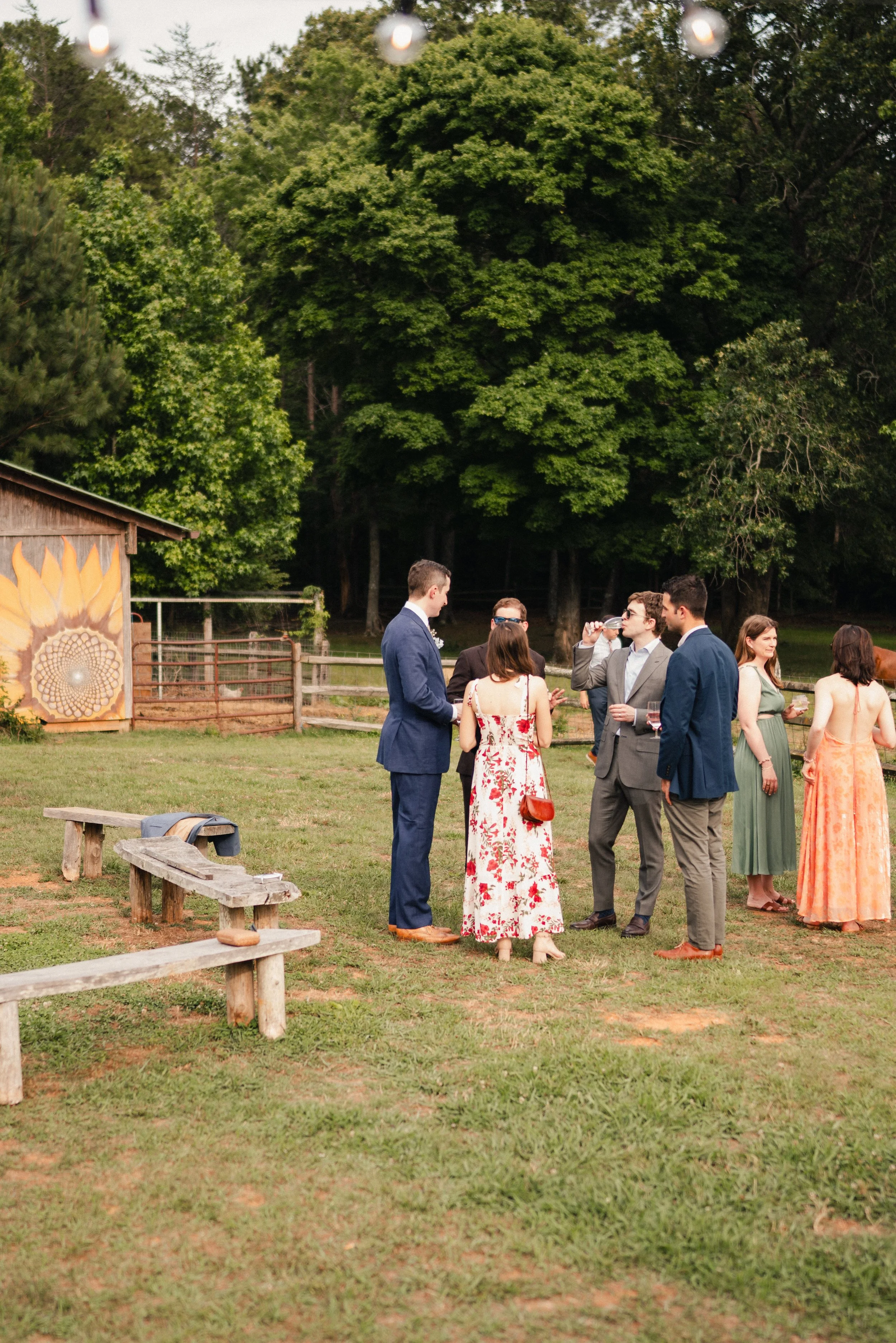 A group of people dressed in formal attire are standing outside on a grassy area, engaging in conversation during what appears to be a social gathering or outdoor event. There are trees and a small wooden shed with sunflower artwork in the background