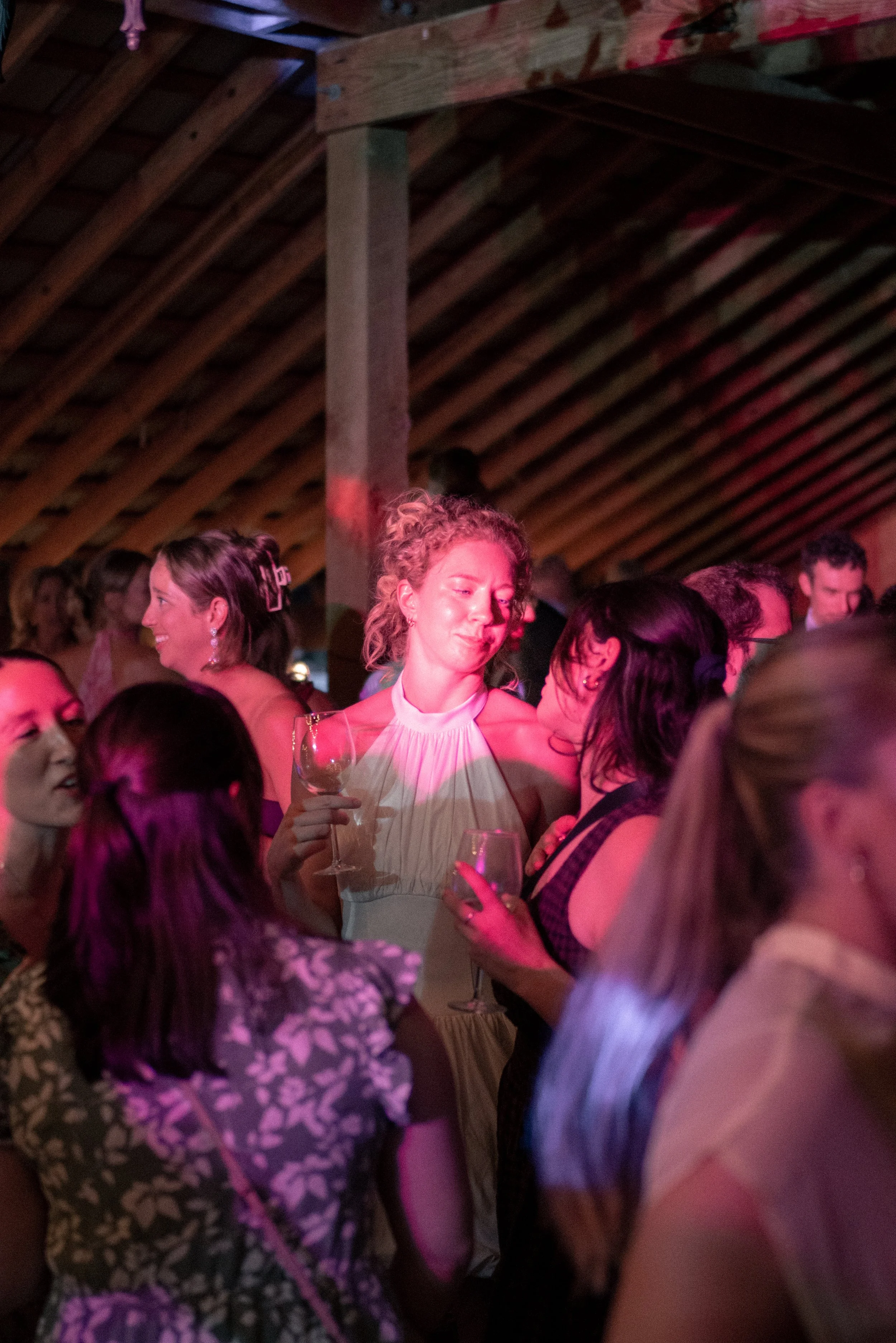 People socializing at a party in a dimly lit room with a curved wooden ceiling, some holding wine glasses, engaged in conversation.