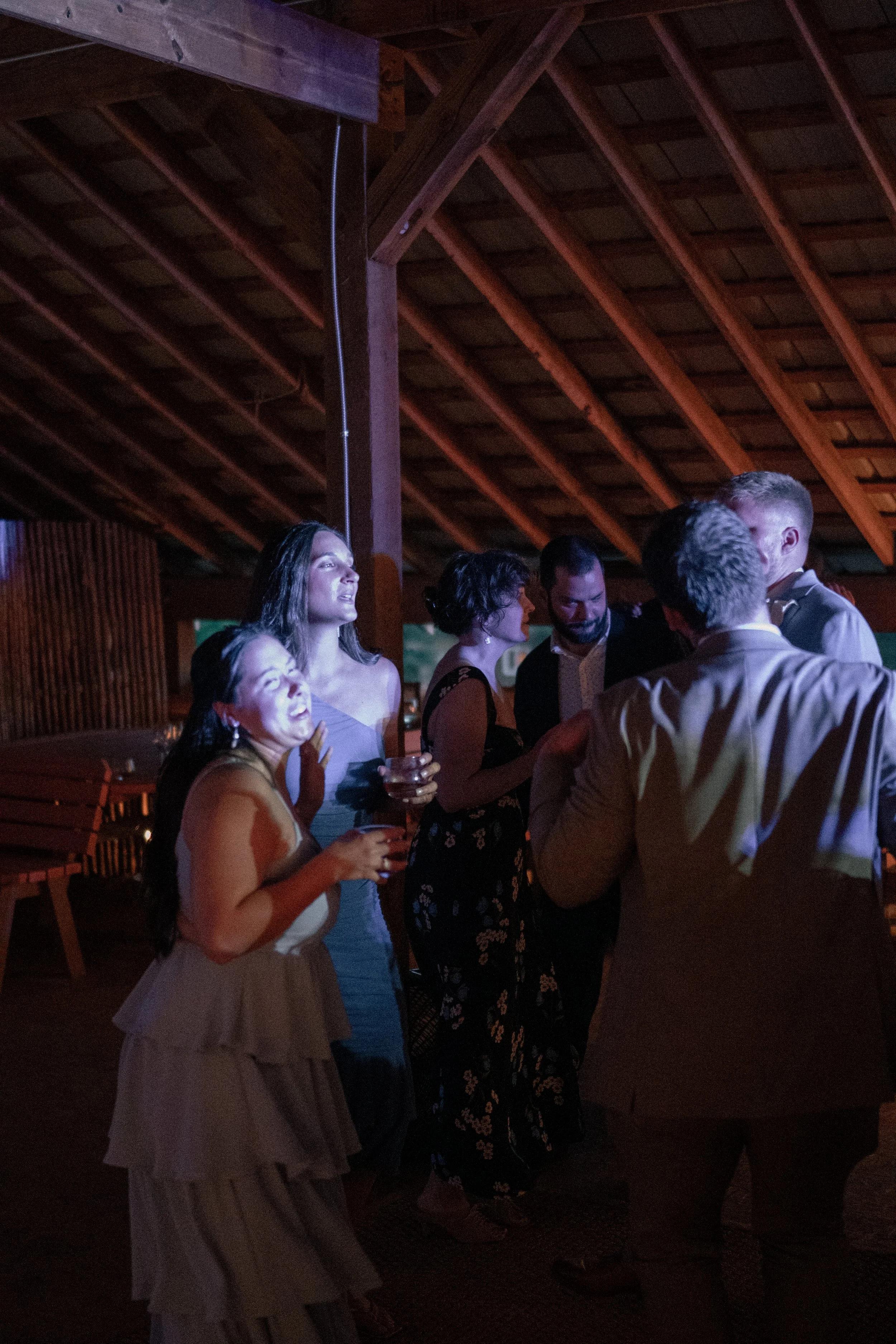 Group of people socializing and holding drinks in a dimly lit indoor venue with a wooden ceiling.