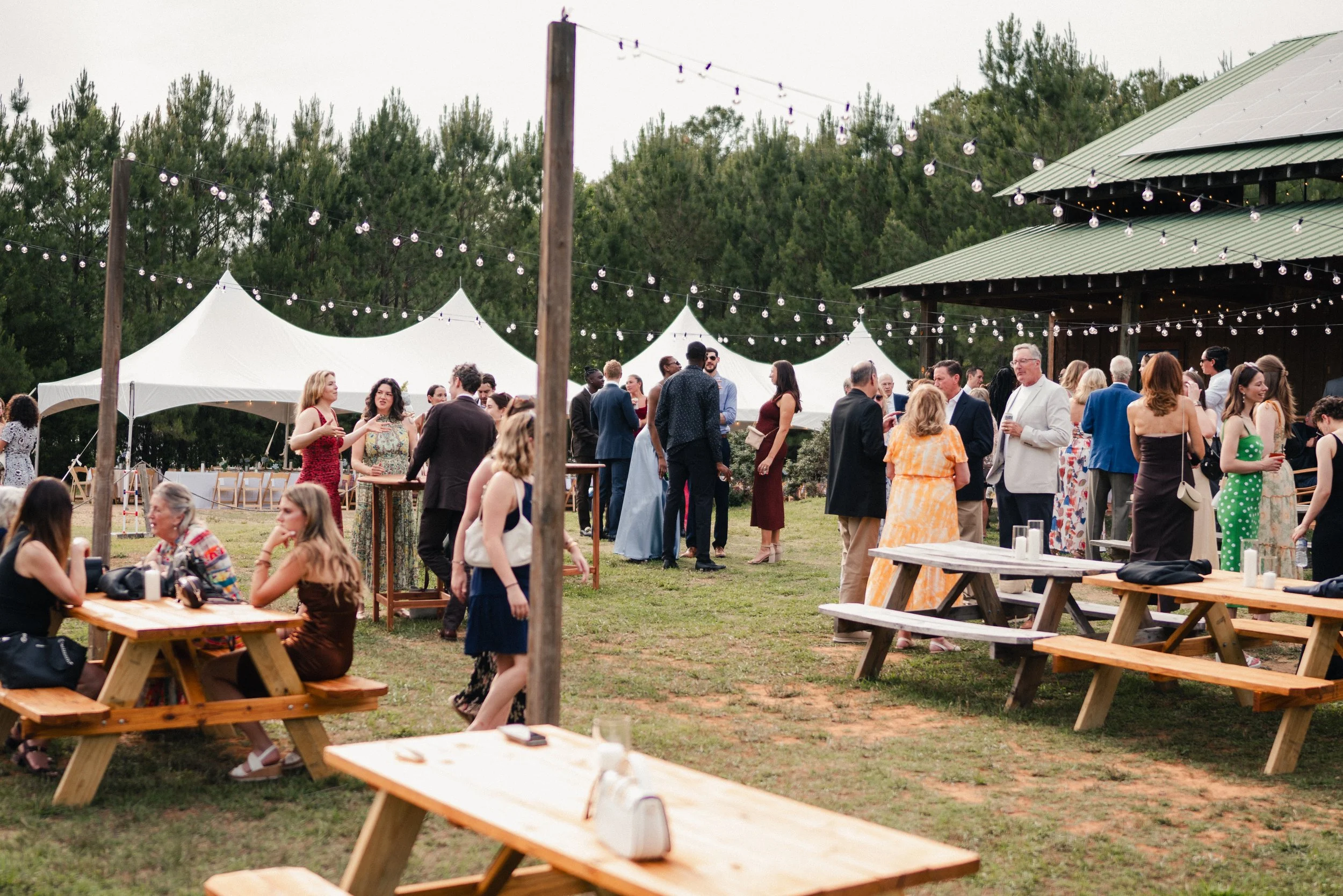 People gathering at an outdoor event with string lights, large white tents, and trees in the background.
