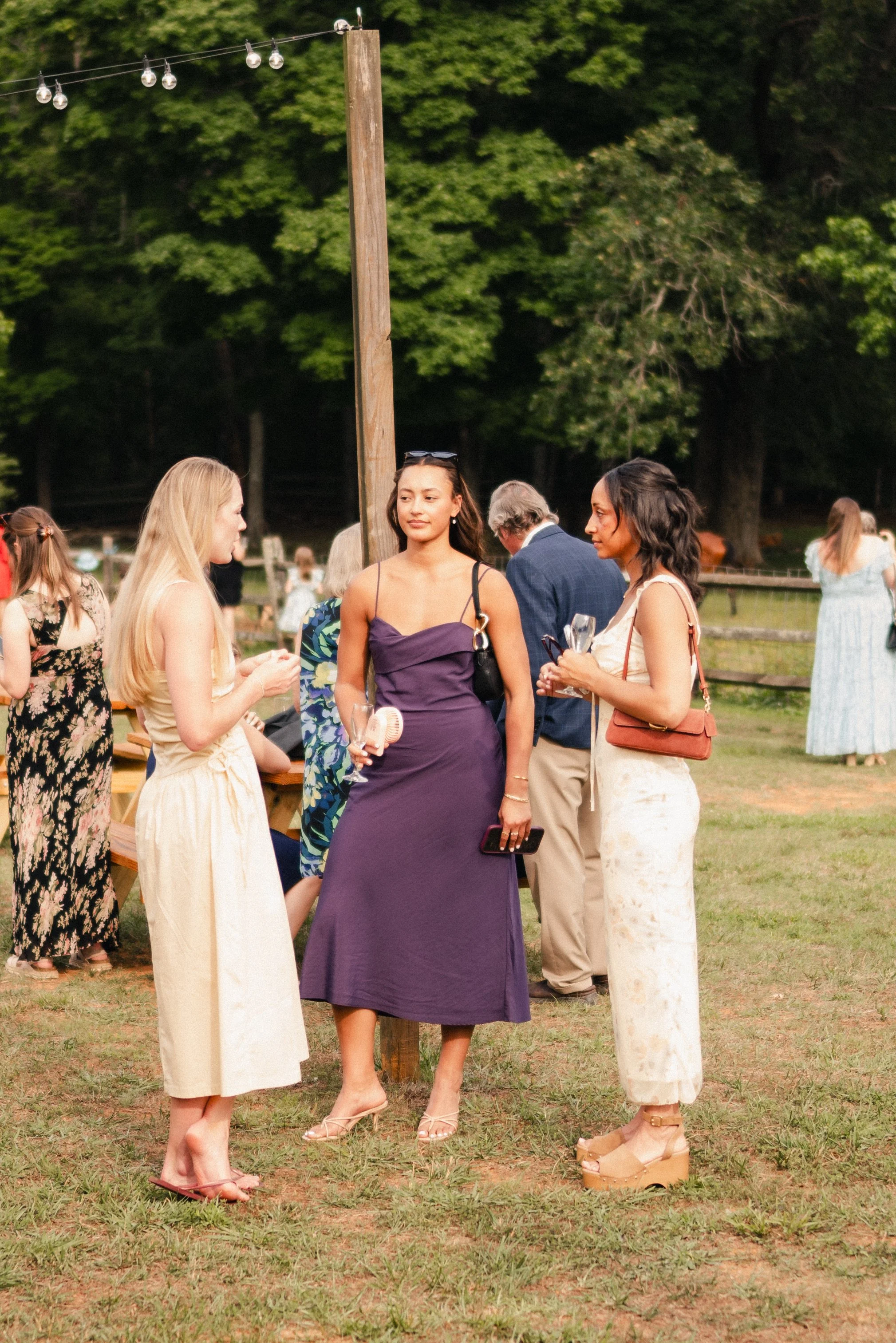 A group of women and men dressed in summer attire, socializing outdoors at a gathering with string lights, grass, trees, and a wooden post visible.