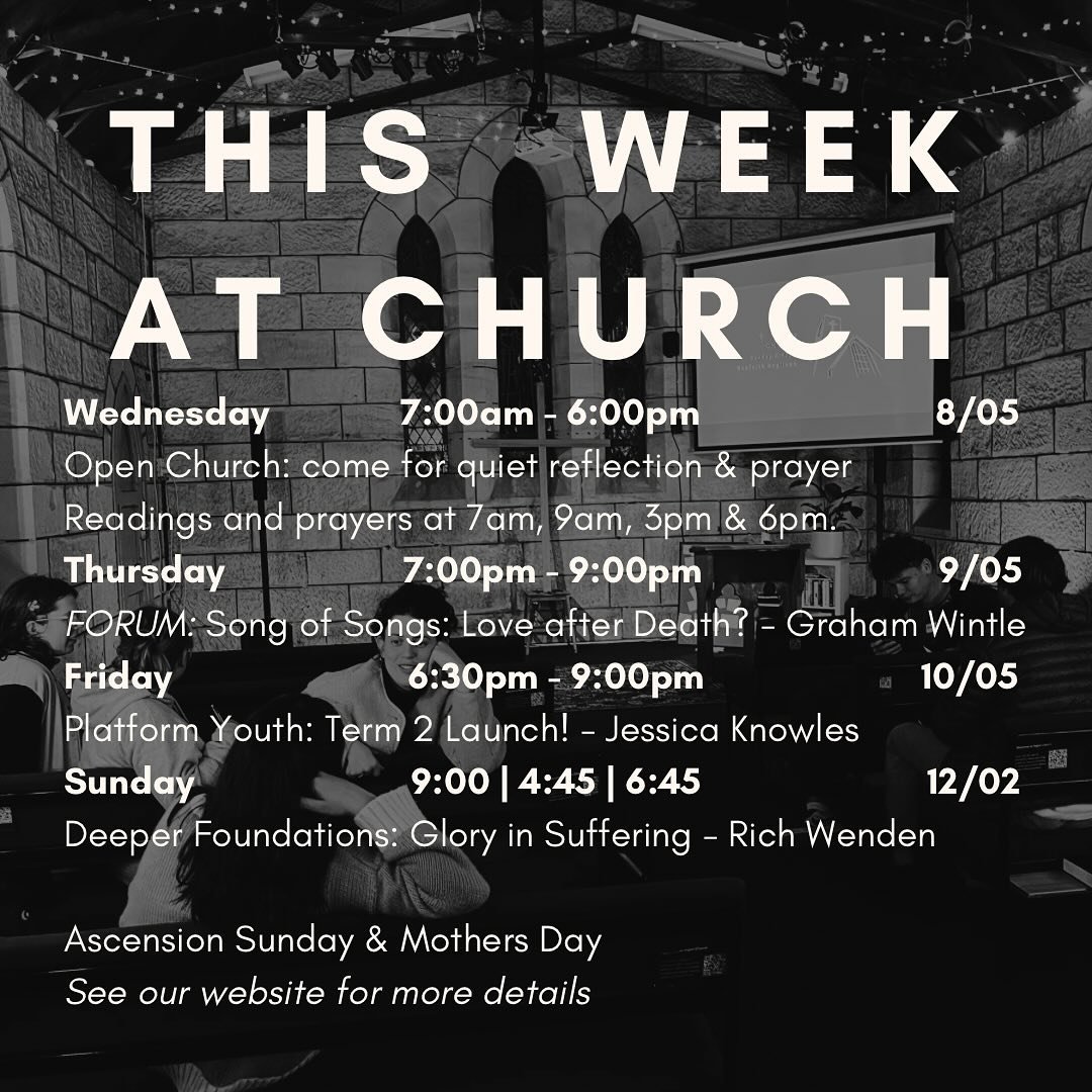 This week at church ⛪️ 
Open church 🙏 
Song of Songs ❤️&zwj;🔥 
Amos 👊 
Ascension Sunday 😇