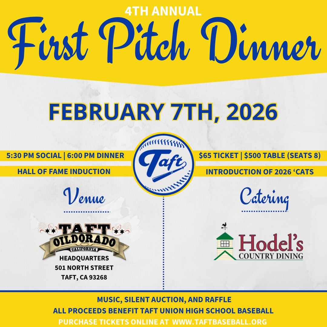 We are a little over one week away from our annual First Pitch Dinner Fundraiser and we have already set our record for tickets/tables sold. Buy your ticket at www.taftbaseball.org before they sell out. Go &lsquo;Cats!