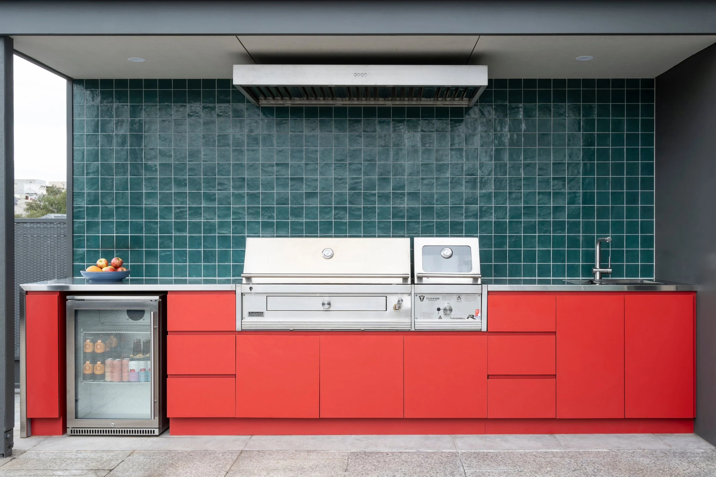 BBQ, alfresco kitchen, stainless steel, red cabinets & teal tiles 