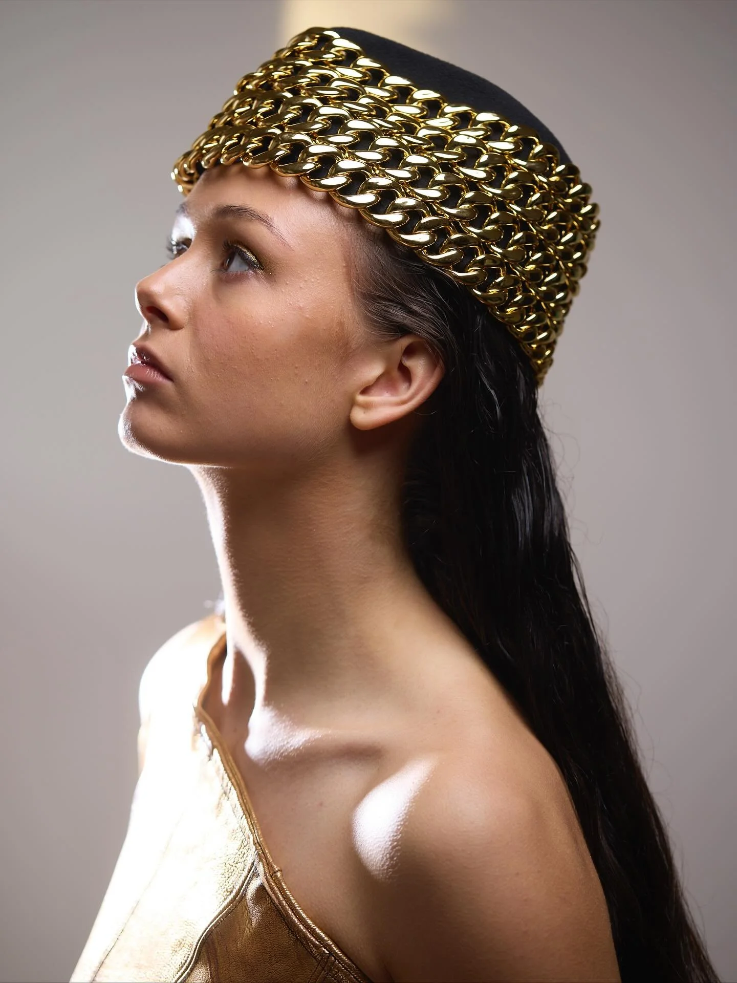 Golden Chain Reaction, once you wear our sculpted chain top hat&hellip;&hellip;&hellip;&hellip;&hellip;&hellip; It&rsquo;s a statement piece not for everyone, inspired by tales, folklore &amp; traditions of Ukraine&hellip;&hellip;&hellip;. 
Available