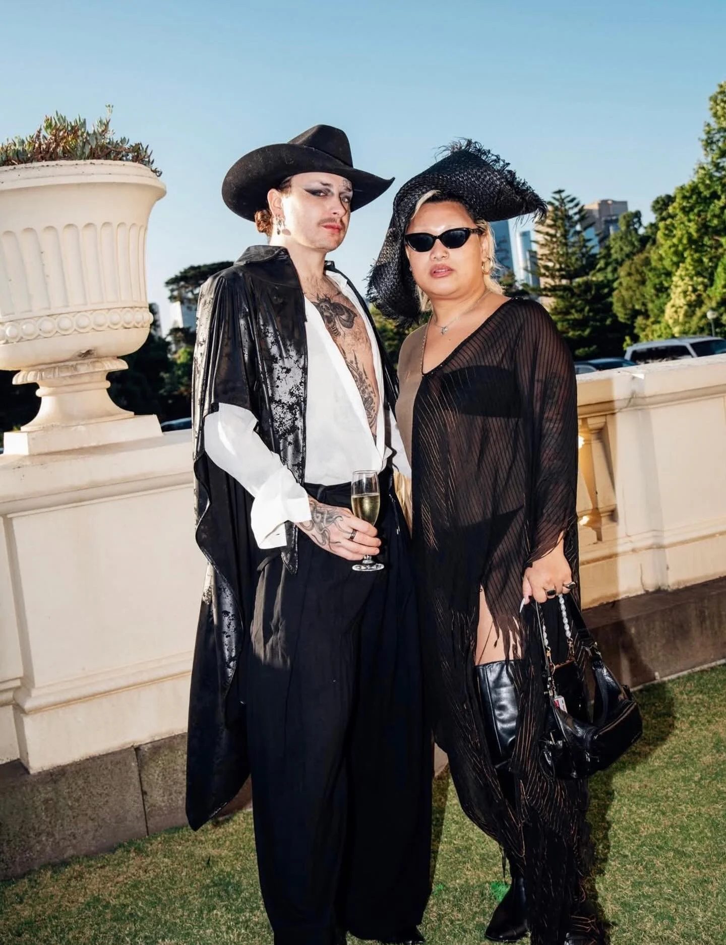 @ayshabuffet &amp; @mitchelljon89 for the launch of @melbfashionfestival in @matchosubadesignstudio 
Rian wears our deconstructed cowboy headpiece &amp; burnt two tone cape&hellip;&hellip;&hellip;&hellip;&hellip;&hellip;&hellip;
Mitch in our asymmetr
