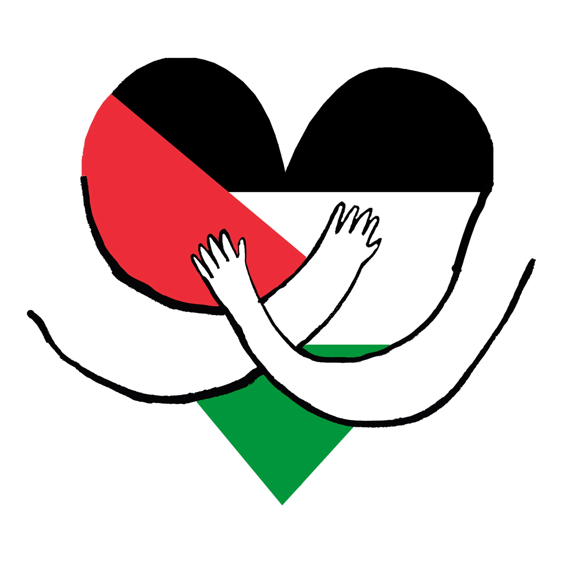 Logo of a heart in the colours of the Palestine flag and arms holding it in a hug