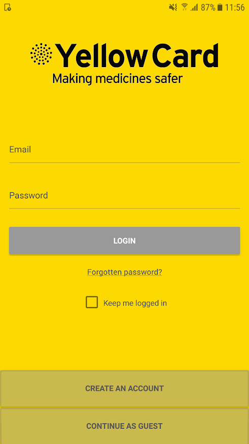 Yellow card app log in screen