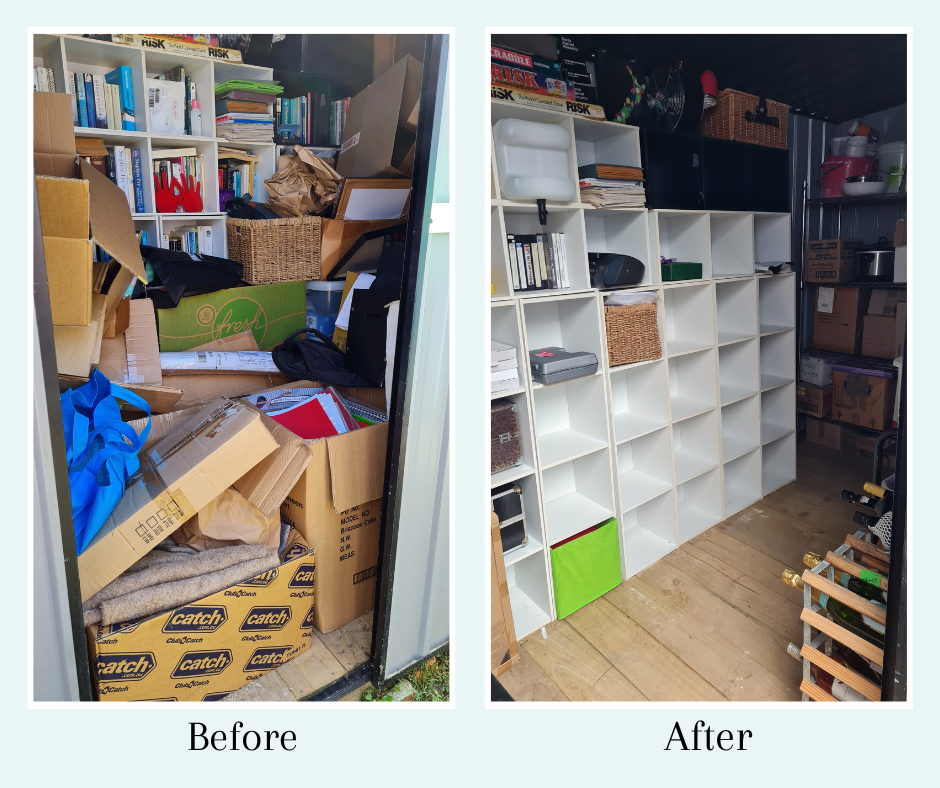 A shed before and after photo. Decluttered and organised by a wellington decluttering expert.