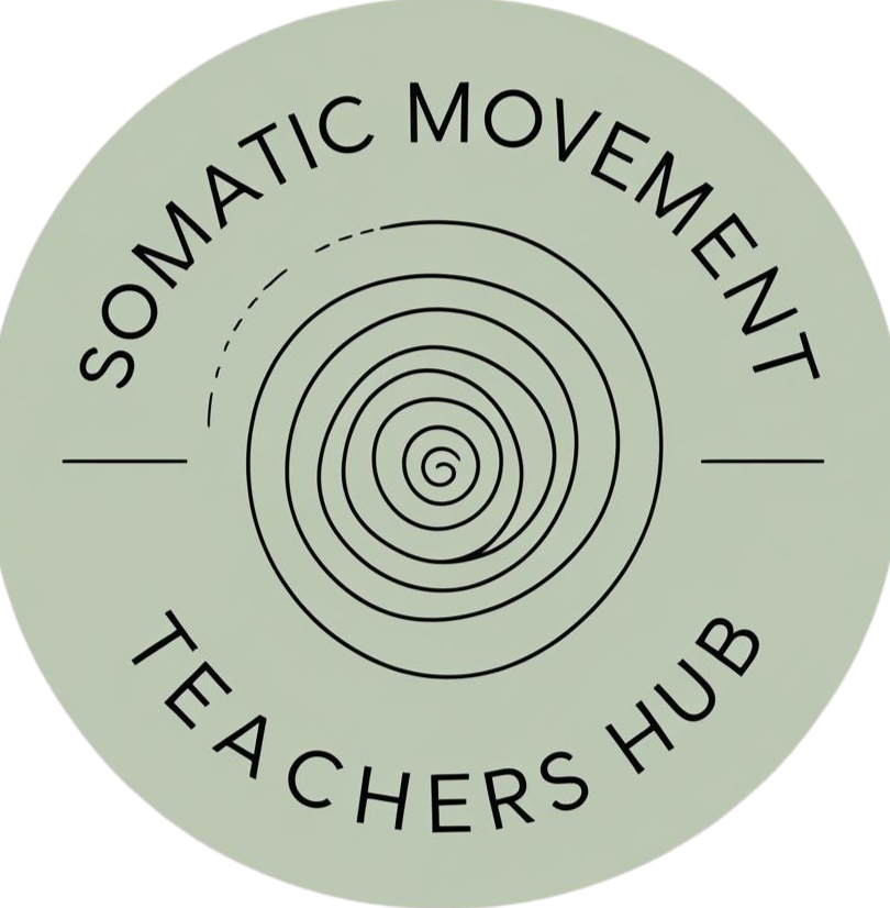 A circular logo with a light green background, featuring black text that reads 'SOMATIC MOVEMENT' at the top and 'TEACHERS HUB' at the bottom. In the center, there is a spiral design.