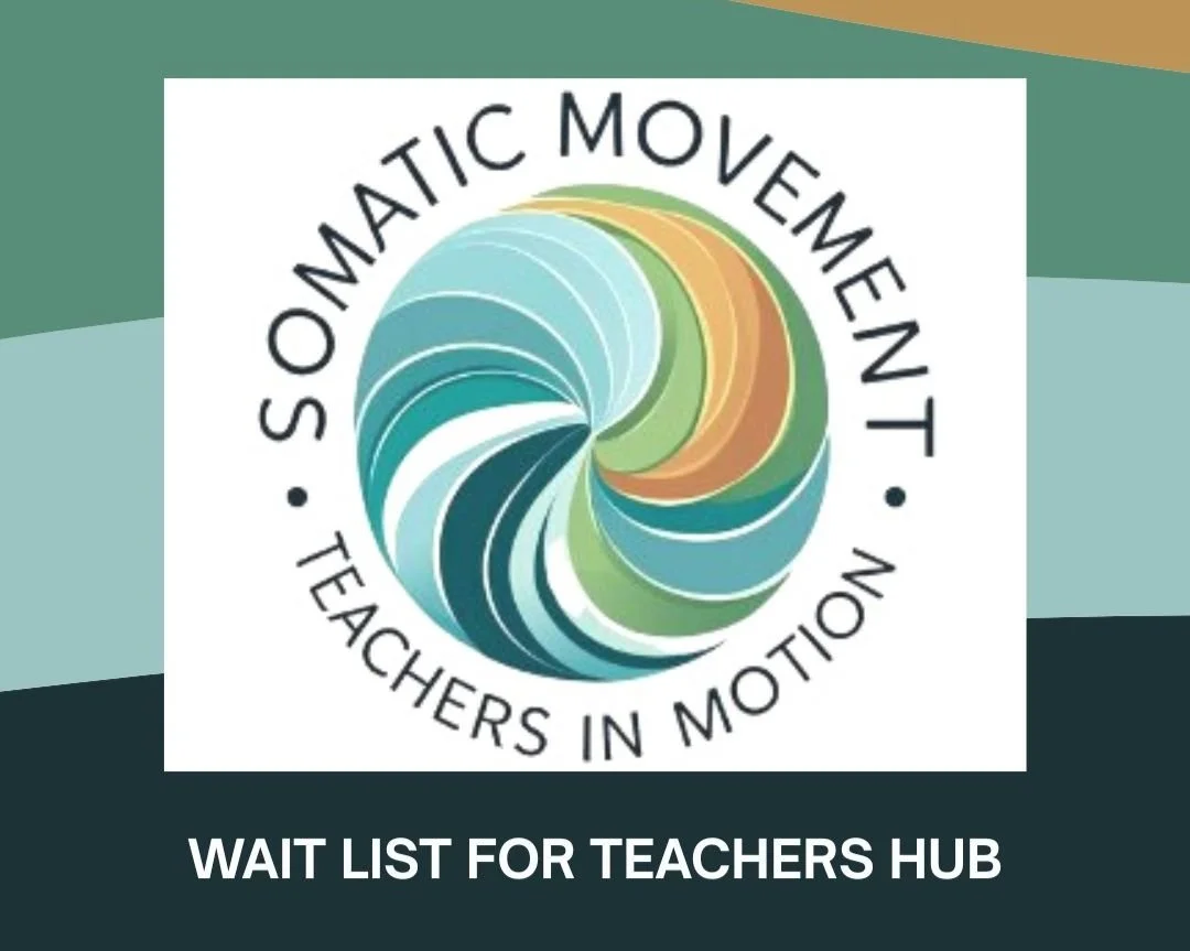 A circular logo with a light green background, featuring black text that reads 'SOMATIC MOVEMENT' at the top and 'TEACHERS HUB' at the bottom. In the center, there is a spiral design.