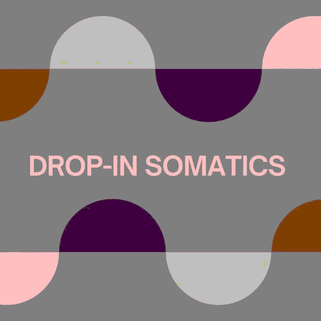 Abstract geometric background with the text 'Drop-in Somatics' in the center, available for those wanting to do "drop-in" hanna or essential somatic movement classes online.