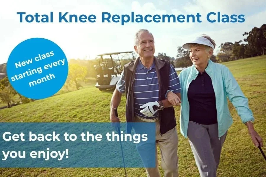 Promotional poster for a total knee replacement class featuring an elderly man and woman walking on a golf course, with a golf cart in the background, promoting a new monthly class and encouraging people to enjoy life.