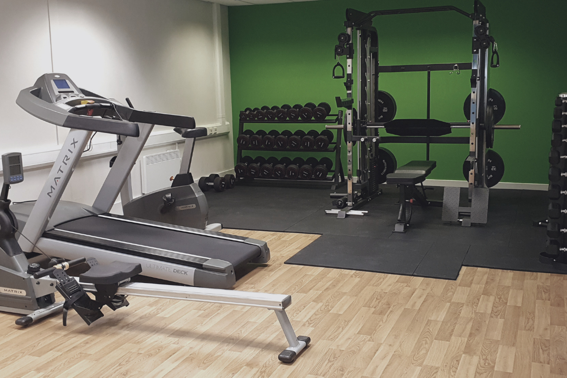Empty gym with treadmill, weight rack, and power cage against a green wall.