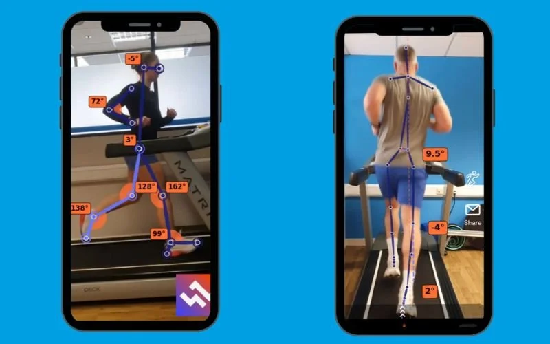 Two smartphones displaying animated images of a person running on a treadmill with motion analysis lines and angles overlaid to assess running posture.