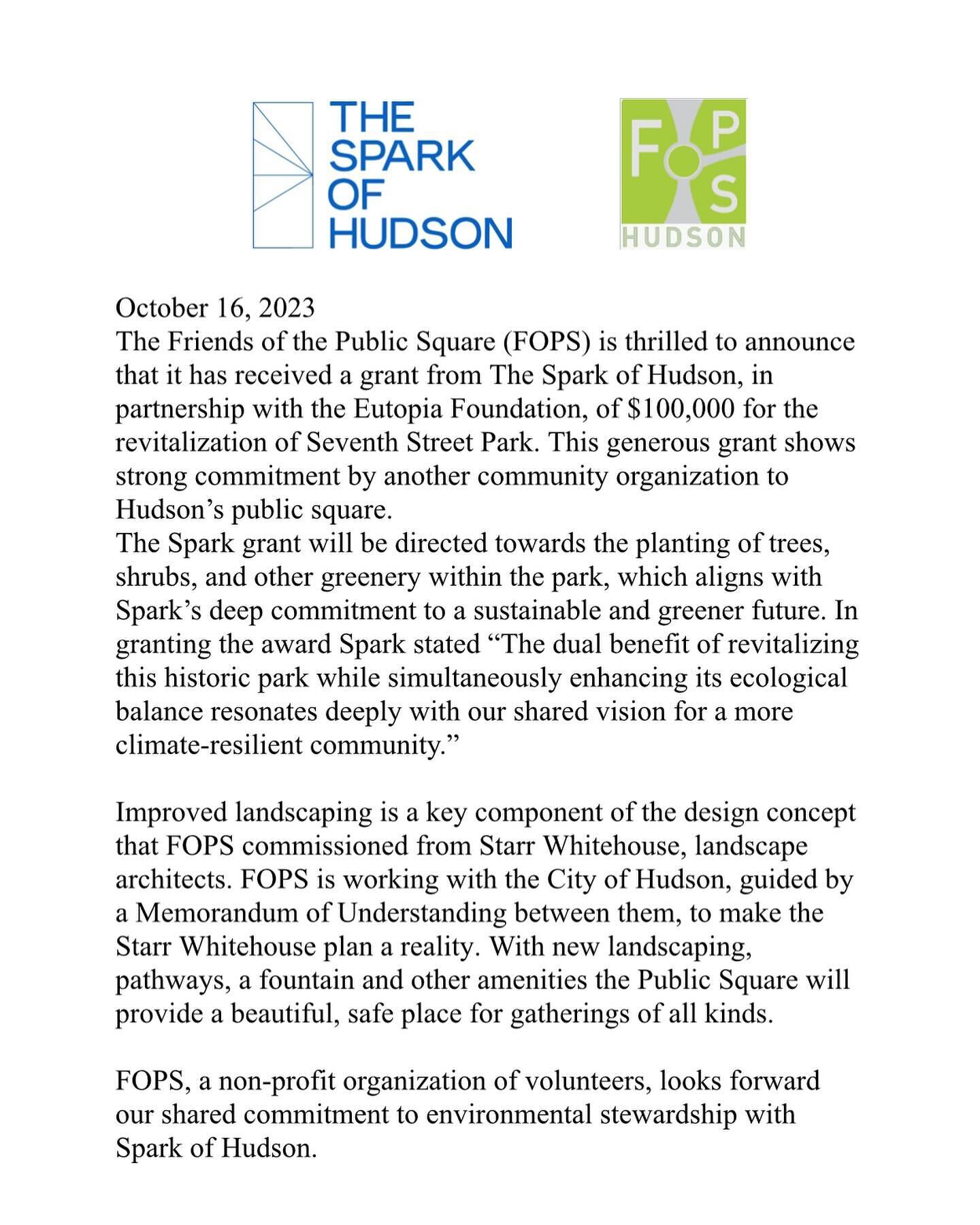 The Public Square receives a grant from the Spark of Hudson for $100,000!!!! Thank you Spark 🙏#fopshudson