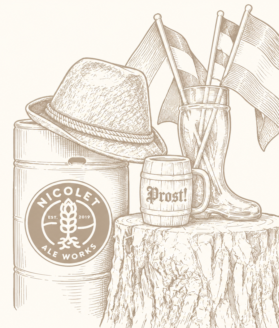 Illustration celebrating Nicolet Ale Works’ German and Wisconsin heritage with a beer keg, stein, alpine hat and boots.