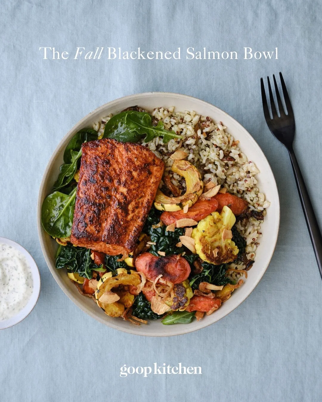 On the menu: Blackened Salmon Bowl
Standouts: Pan-seared salmon, organic brown rice and quinoa, and a medley of roasted Delicata squash, cauliflower, and carrots. Herby aioli on the side.
Feels like: Fogged windows, flushed cheeks, and a full table