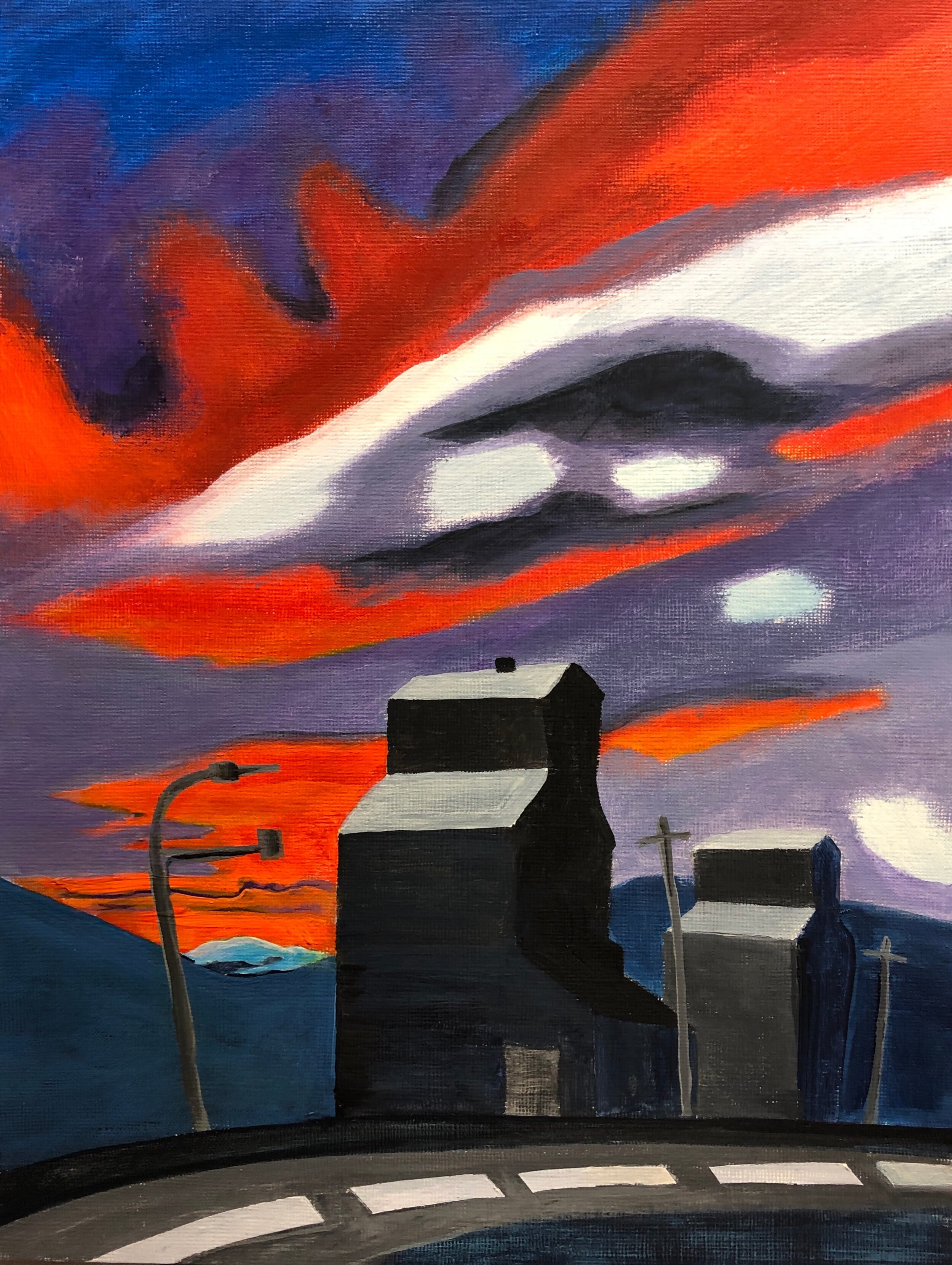Creston 'Black' Grain Elevators
Acrylic on Canvas sheet 10" x 12" 
$40.00 CAD