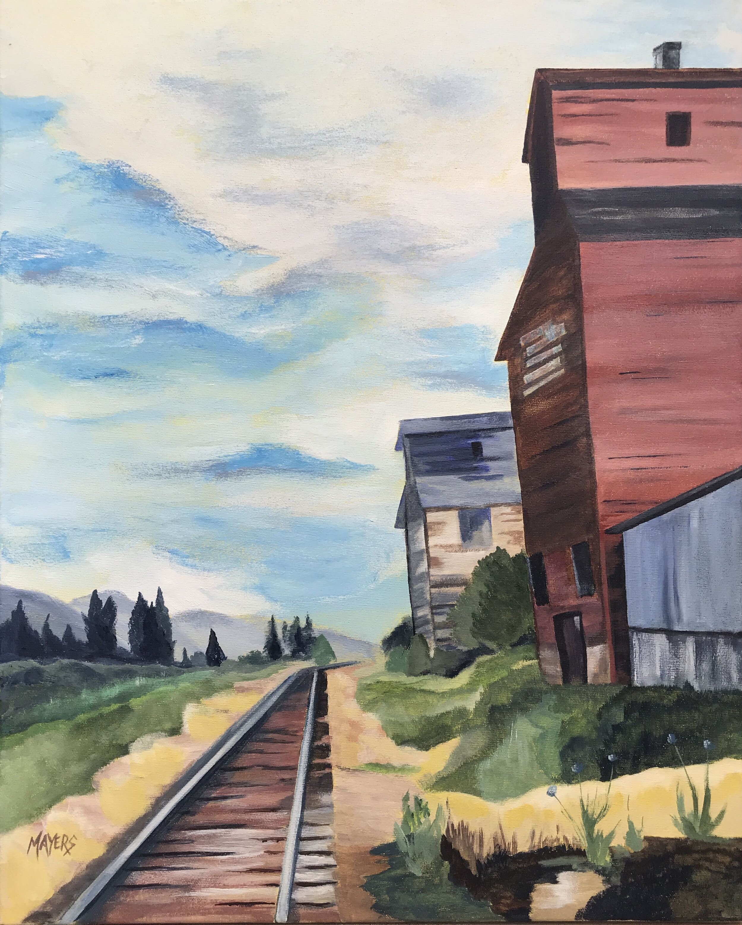 Creston Grain Elevators alongside train tracks
Acrylic on Gallery Canvas 20" x 20" 
$400 CAD