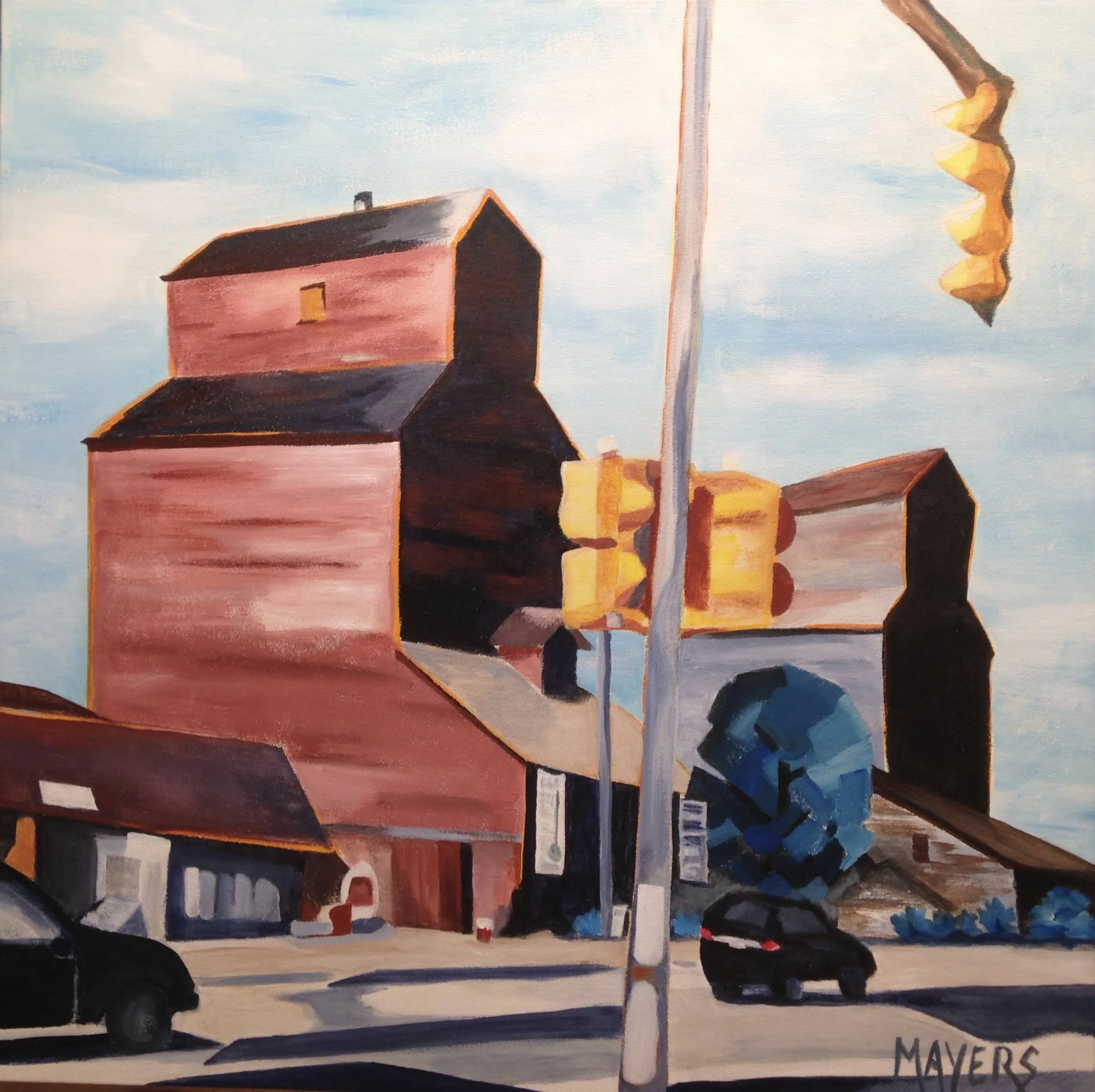 Creston Grain Elevators at Intersection
Acrylic on Gallery Canvas 20" x 20" 
$400 CAD