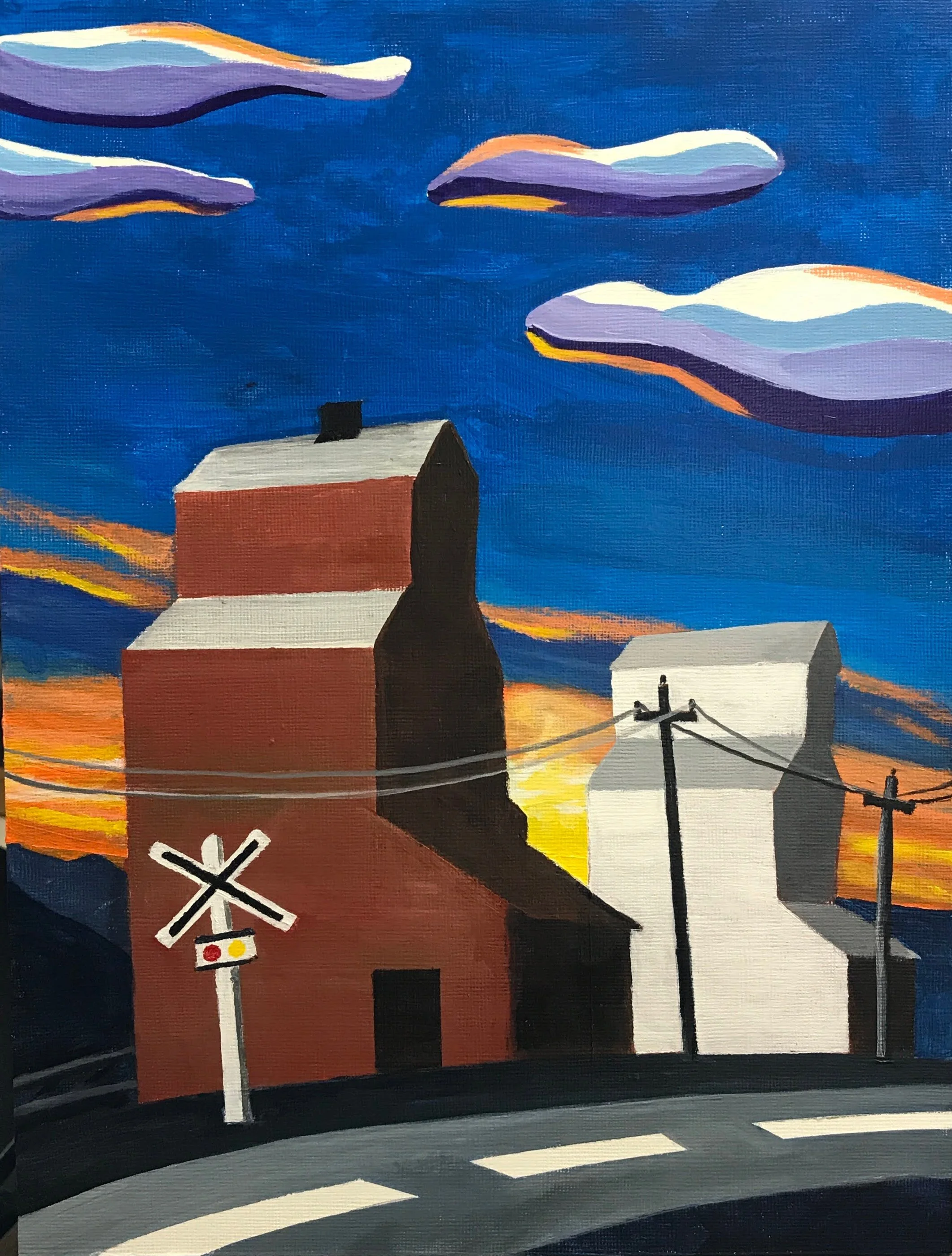 Creston 'Brown & White' Grain Elevators
Acrylic on Canvas sheet 10" x 12" 
$40.00 CAD